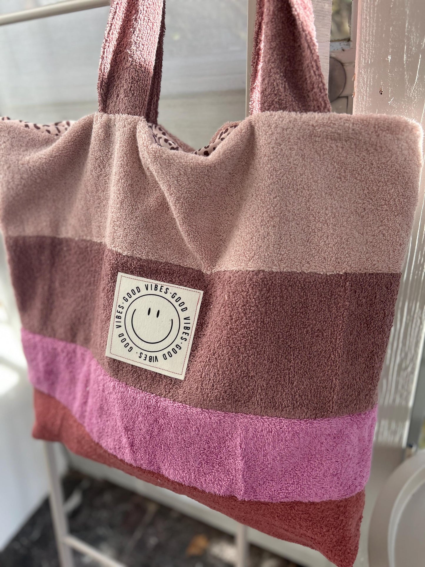 große Frottee Tasche, Beutel Frottee, große Badetasche, Kinderwagentasche ,Leo-Tasche, Geschenk personalisiert, Frottee rosa, Smiley