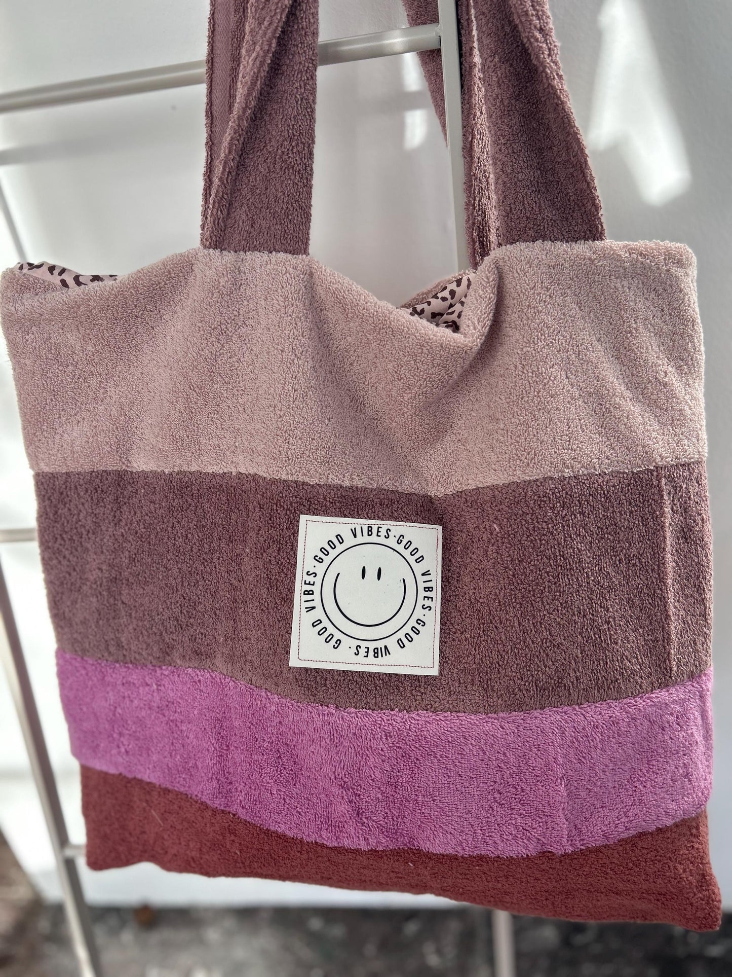 große Frottee Tasche, Beutel Frottee, große Badetasche, Kinderwagentasche ,Leo-Tasche, Geschenk personalisiert, Frottee rosa, Smiley