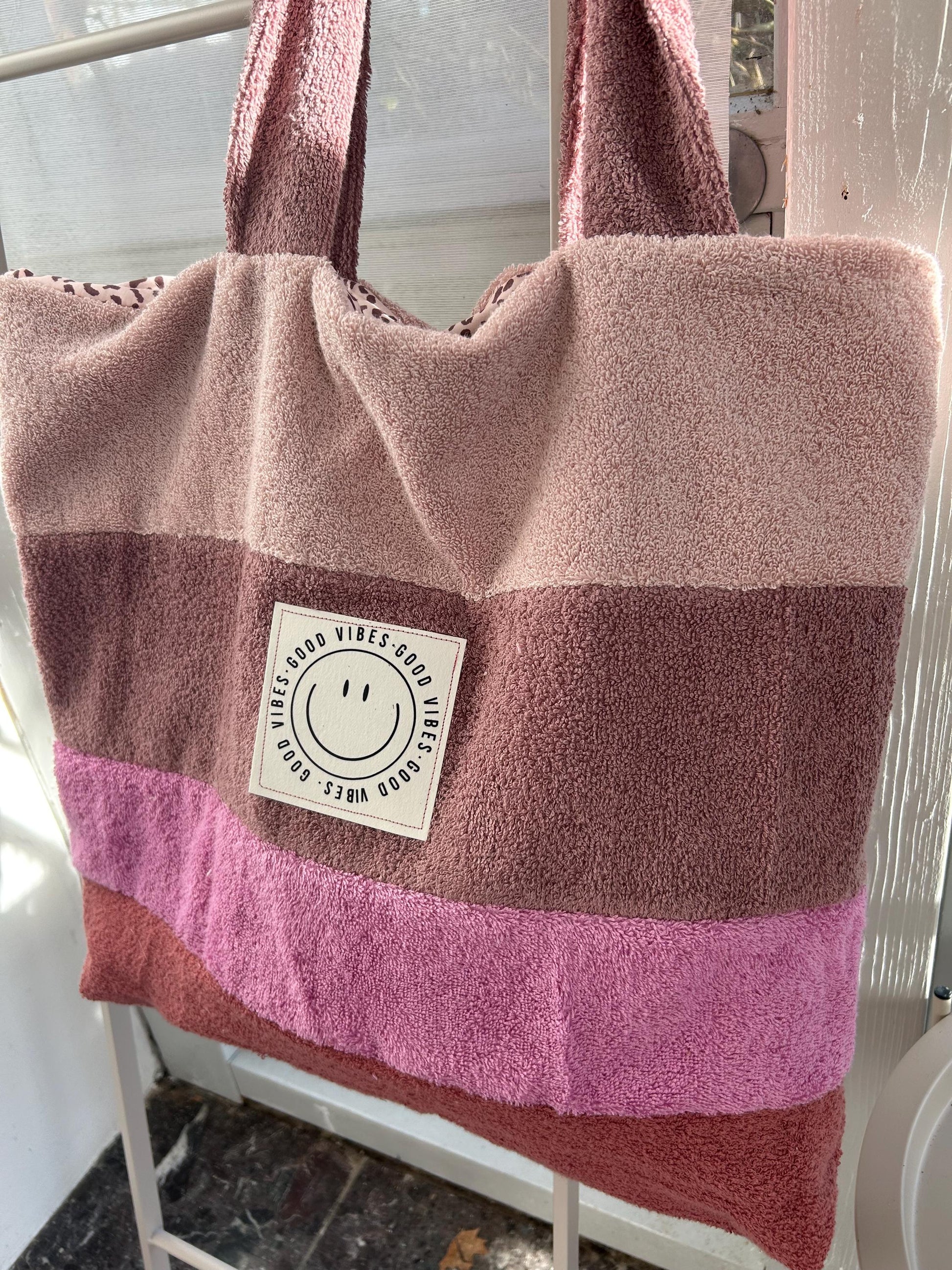 große Frottee Tasche, Beutel Frottee, große Badetasche, Kinderwagentasche ,Leo-Tasche, Geschenk personalisiert, Frottee rosa, Smiley