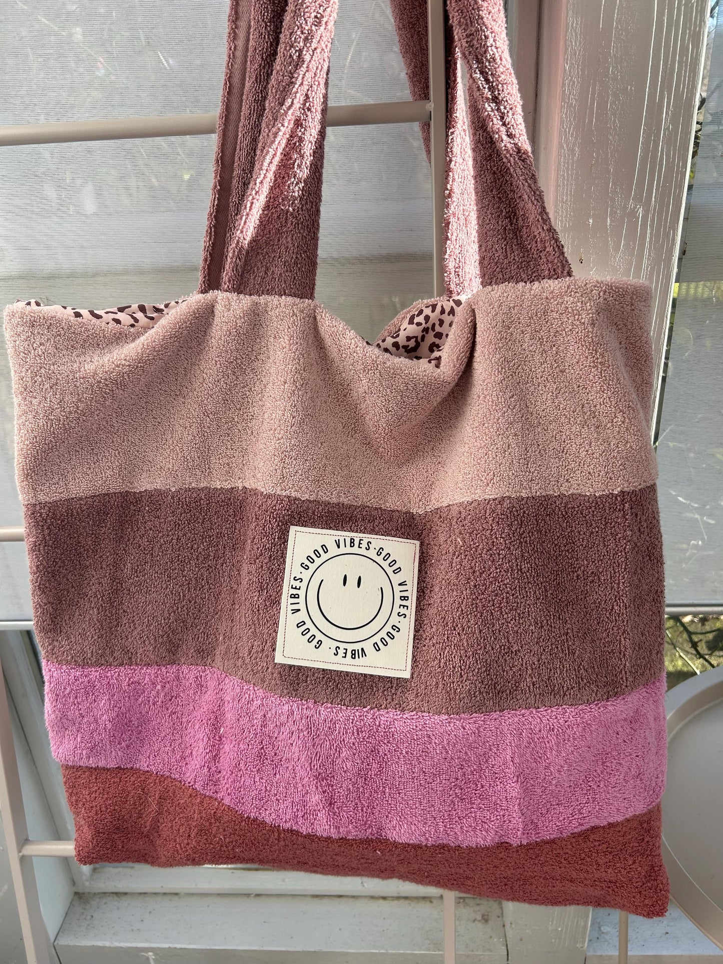 große Frottee Tasche, Beutel Frottee, große Badetasche, Kinderwagentasche ,Leo-Tasche, Geschenk personalisiert, Frottee rosa, Smiley