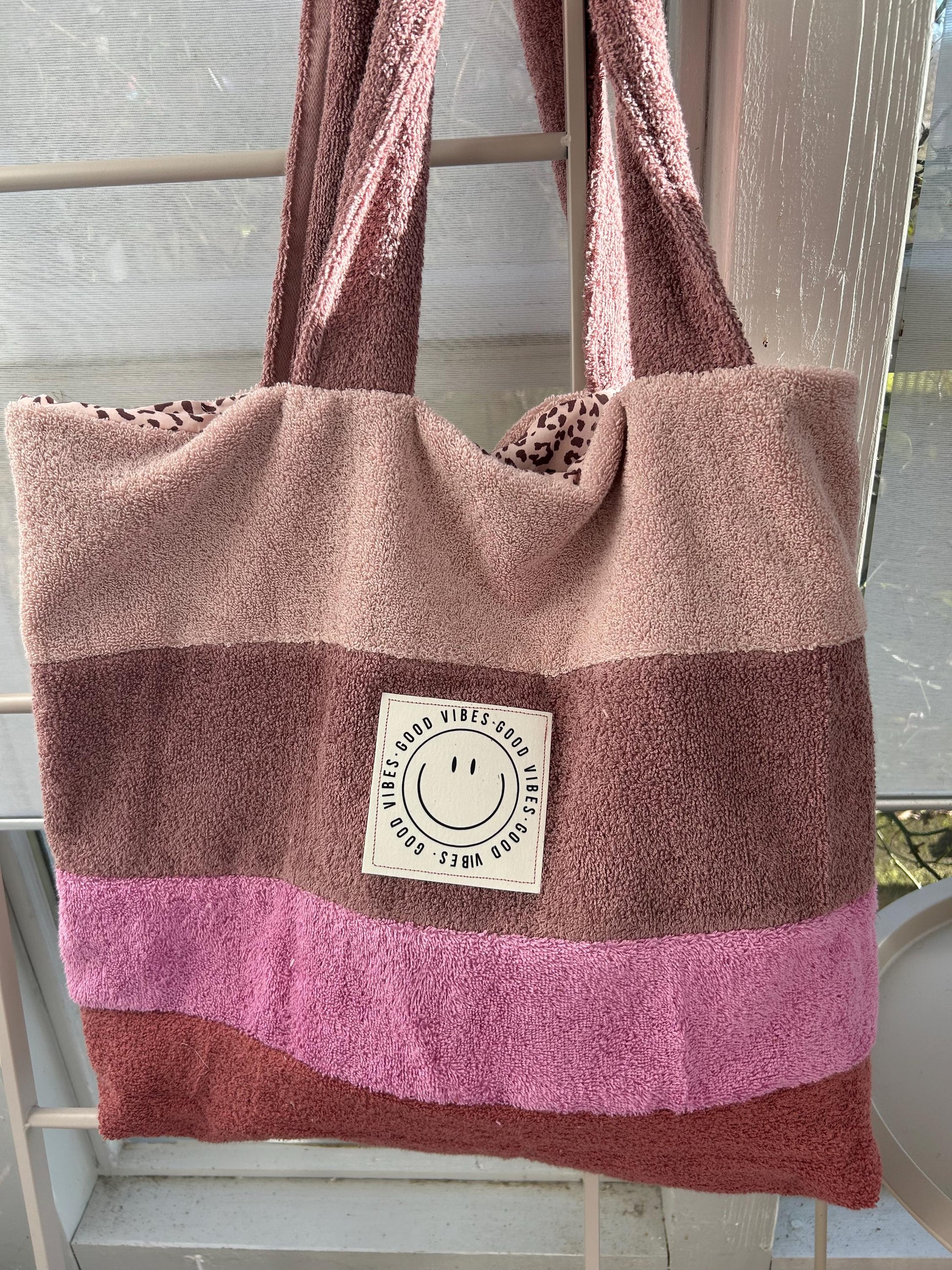 große Frottee Tasche, Beutel Frottee, große Badetasche, Kinderwagentasche ,Leo-Tasche, Geschenk personalisiert, Frottee rosa, Smiley