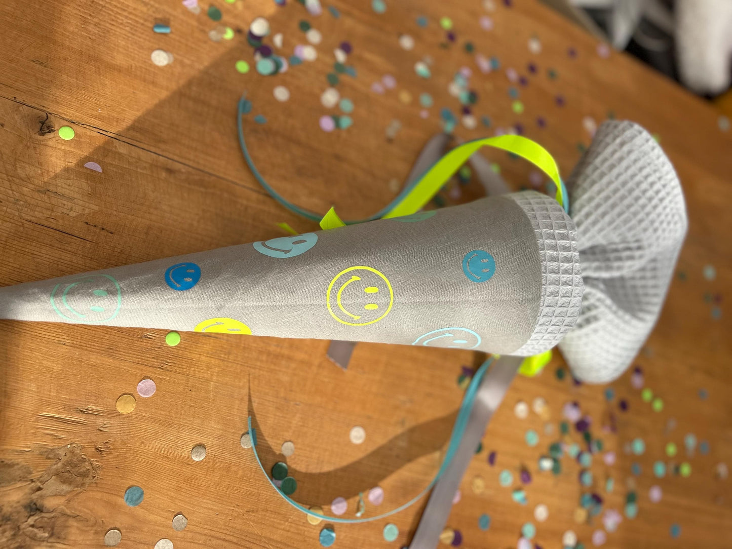 Geschwisterschultüte Zuckertüte Trosttüte Schultüte Stoff Schulanfang Einschulung Geschwisterschultüte Smiley Schultüte neon, Schulkind 2026