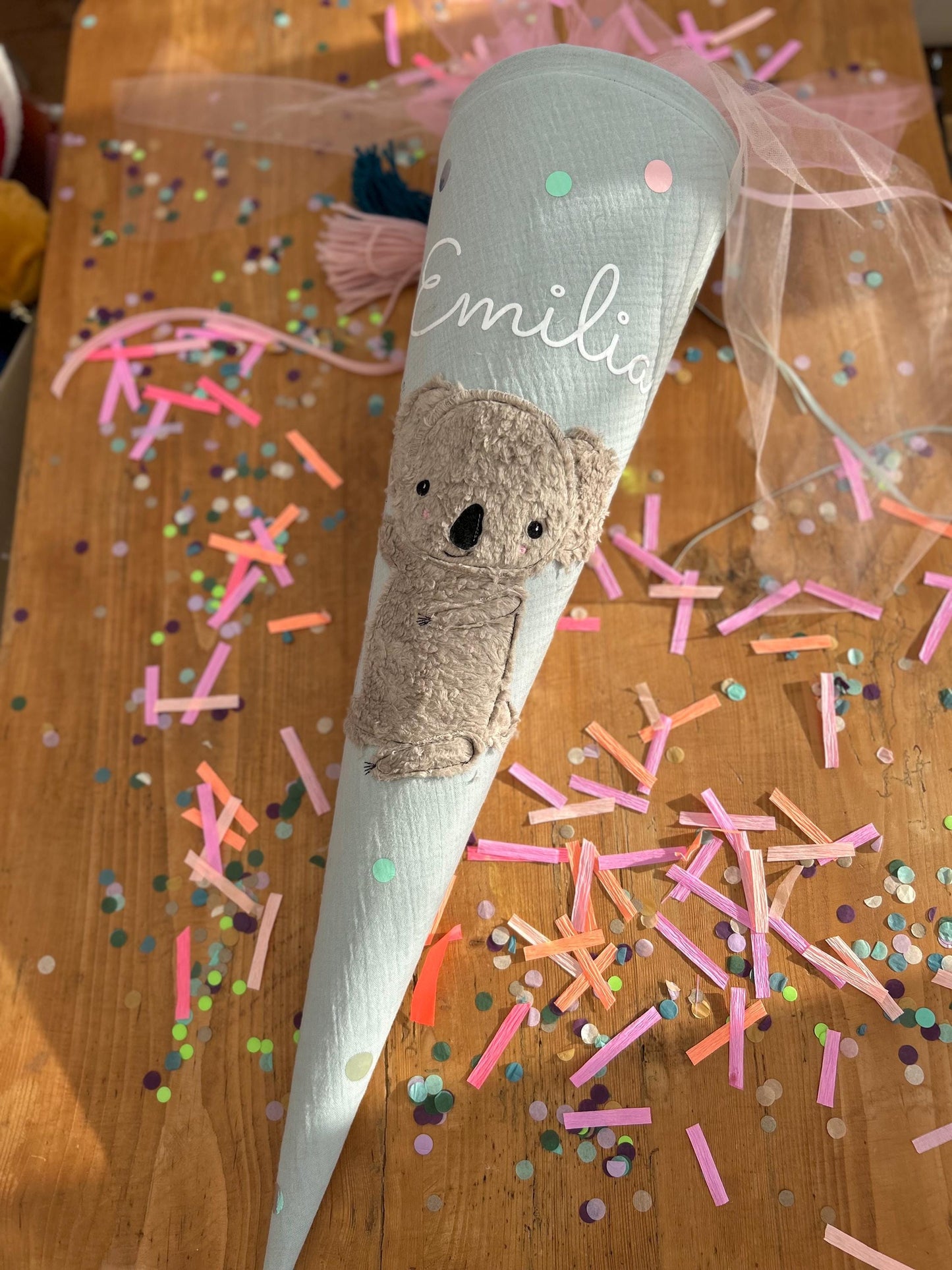 Einzelstück "Emilia", sofort lieferbar, Schultüte Musselin Schultüte Stoff Schulanfang Schultüte Mädchen Schultüte Koala Einschulung