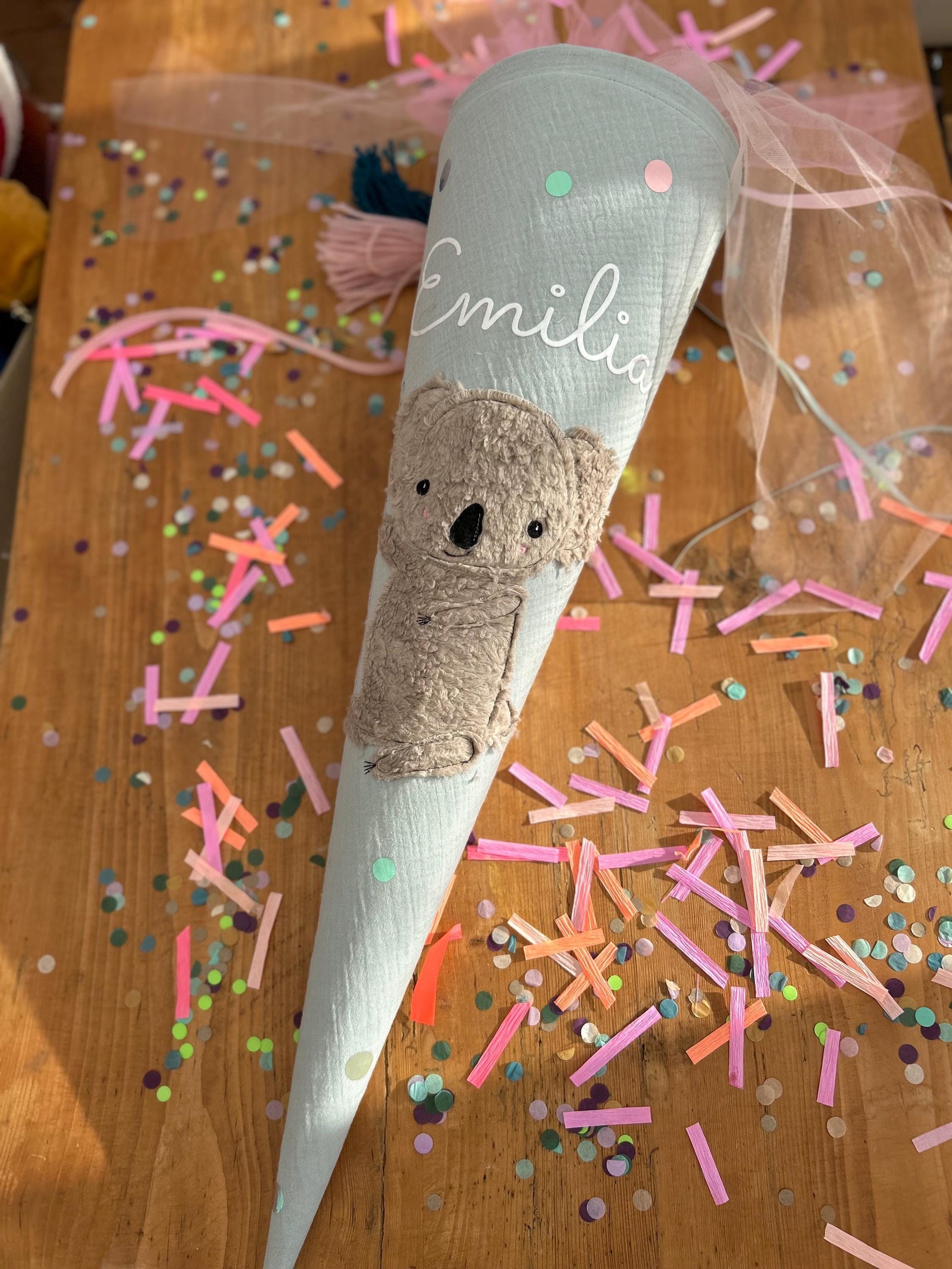 Einzelstück "Emilia", sofort lieferbar, Schultüte Musselin Schultüte Stoff Schulanfang Schultüte Mädchen Schultüte Koala Einschulung