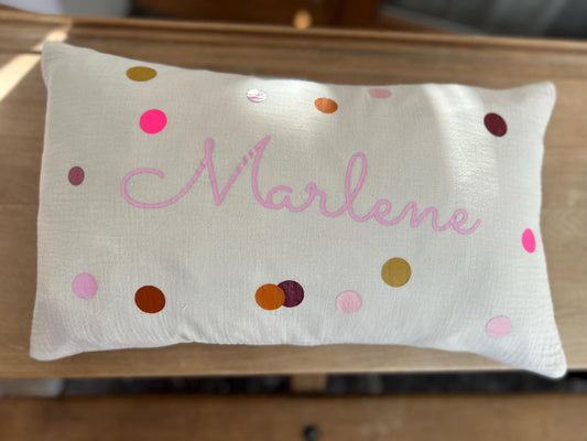 Musselinkissen mit Namen, Kissenbezug personalisiert Nameskissen Kissen Musselin Konfetti,Geschenk personalisiert, Geschenk für Kinder