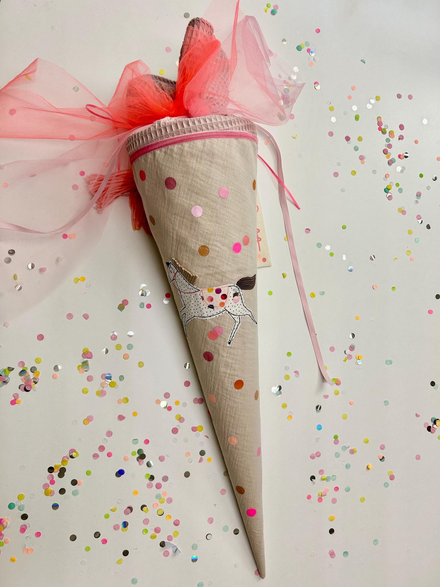 Schultüte Pferd, Pferdeschultüte Mädchen, Schultüte Musselin, Schultüte beige, Schultüte personalisiert, Einschulung, Schulanfang, Pferd