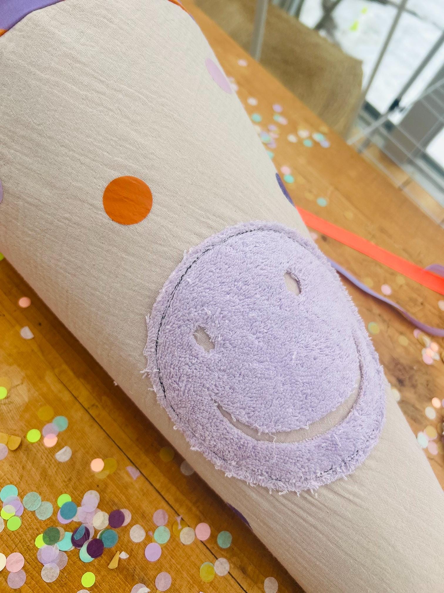 Schultüte Smiley, Frottee Smiley, Schultüte gestreift, Schultüte beige, Schultüte personalisiert, Schultüte beige Schultüte mit Smiley,lila