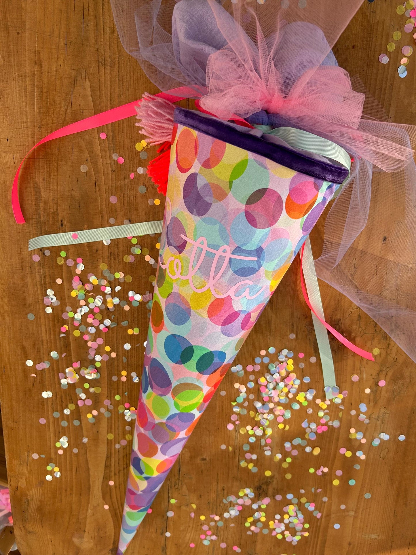 Schultüte Musselin Schultüte Mädchen Schultüte Punkte, Schultüte neon, Schultüte Ergobag, Schultüte Dots, Konfetti, Schultüte personalisiert