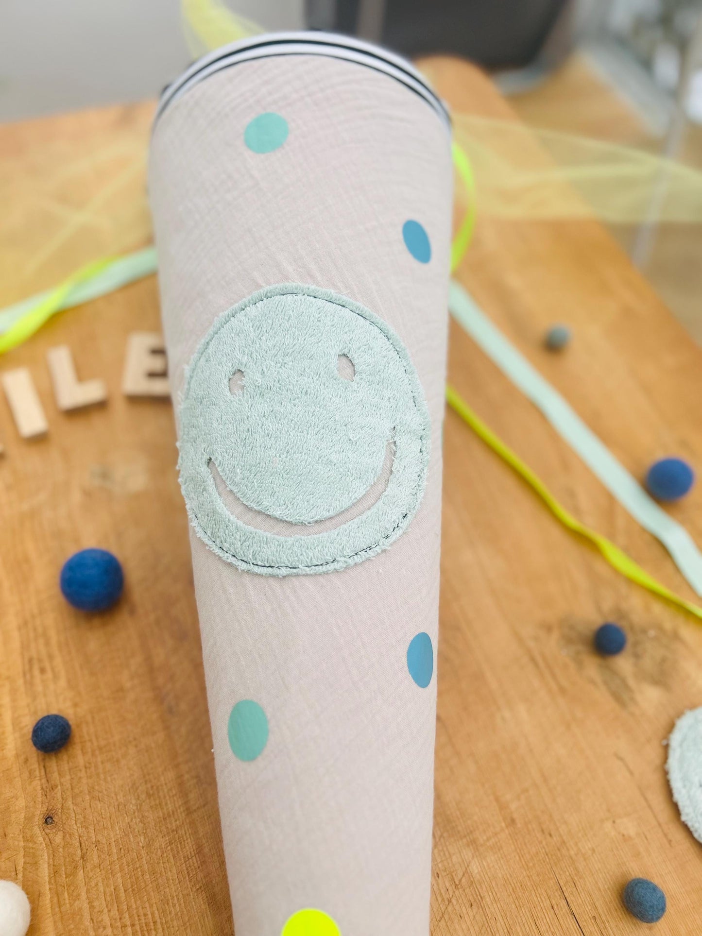 Schultüte Smiley, Frottee Smiley, Schultüte gestreift, Schultüte beige, Schultüte personalisiert, Schultüte beige Schultüte mit Smiley,lila