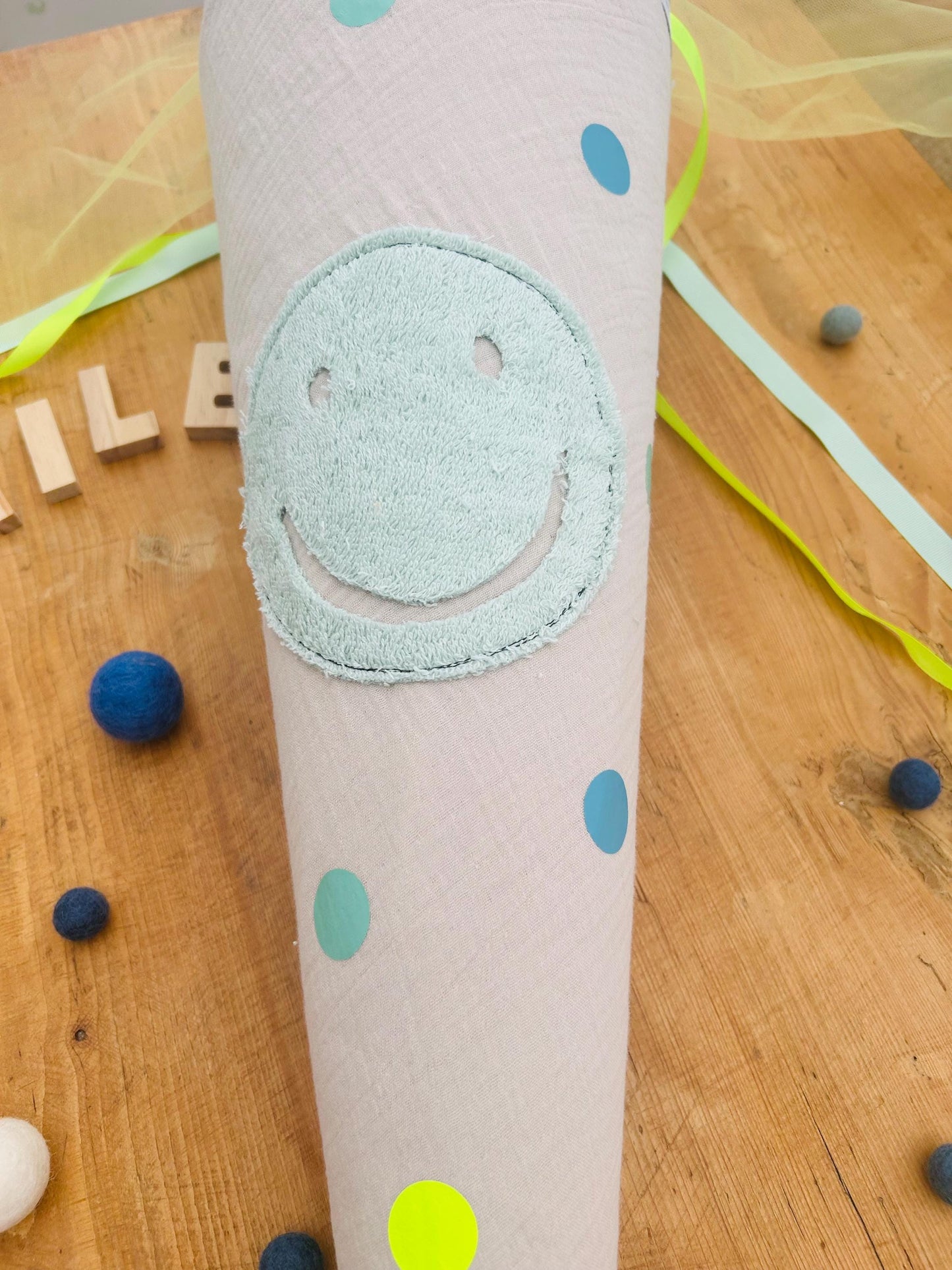 Schultüte Smiley, Frottee Smiley, Schultüte gestreift, Schultüte beige, Schultüte personalisiert, Schultüte beige Schultüte mit Smiley,lila