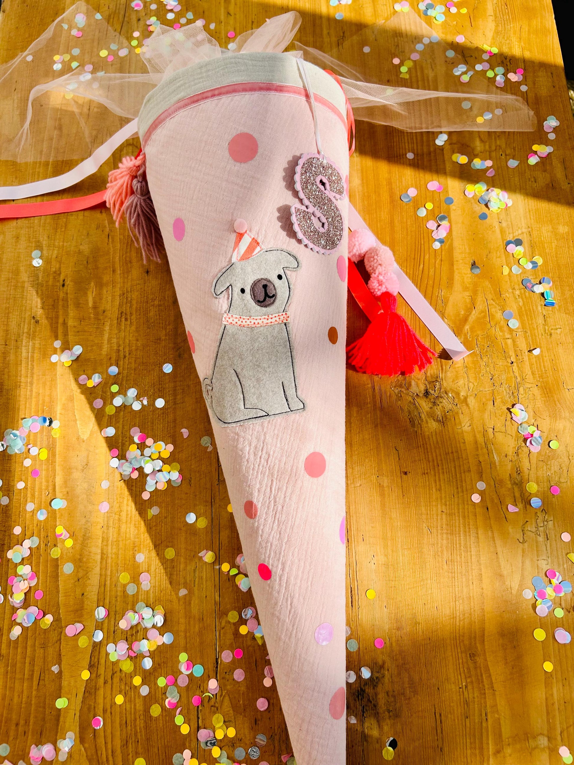 Schultüte Hund, Hundeschultüte Mädchen, Schultüte Musselin, Schultüte beige, Schultüte personalisiert, Einschulung, Schulanfang, Mops