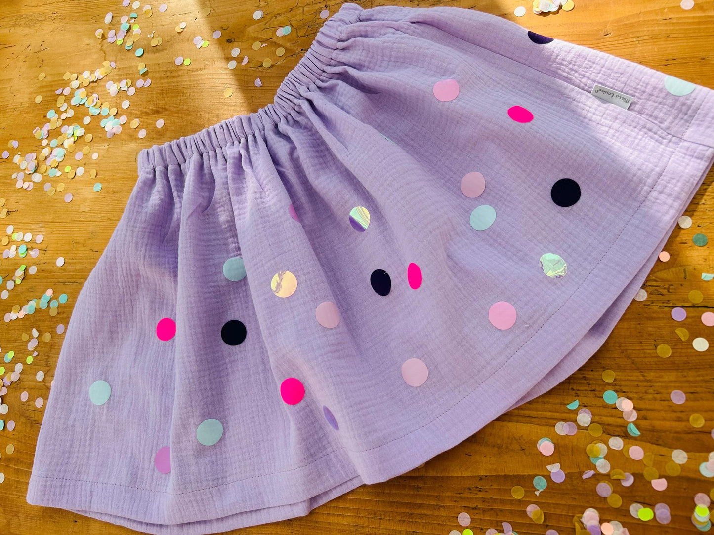 Mädchenrock Musselin, Rock Musselin, Musselinrock,Musselin, Rock Konfetti,Rock bunte Punkte, Konfetti, Glitzerrock, Musselin rosa, altrosa