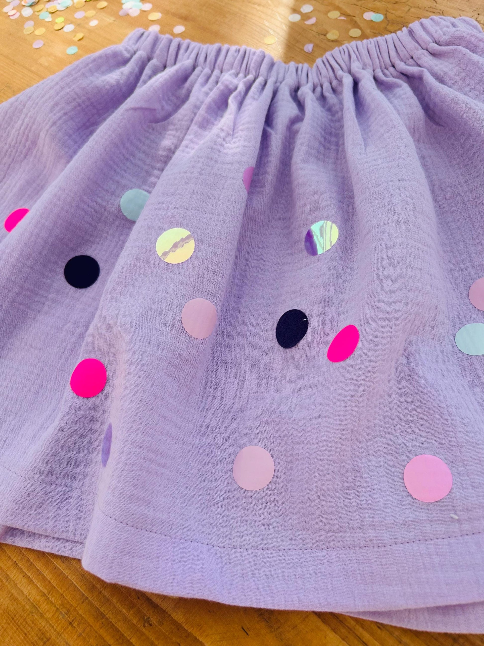 Mädchenrock Musselin, Rock Musselin, Musselinrock,Musselin, Rock Konfetti,Rock bunte Punkte, Konfetti, Glitzerrock, Musselin rosa, altrosa
