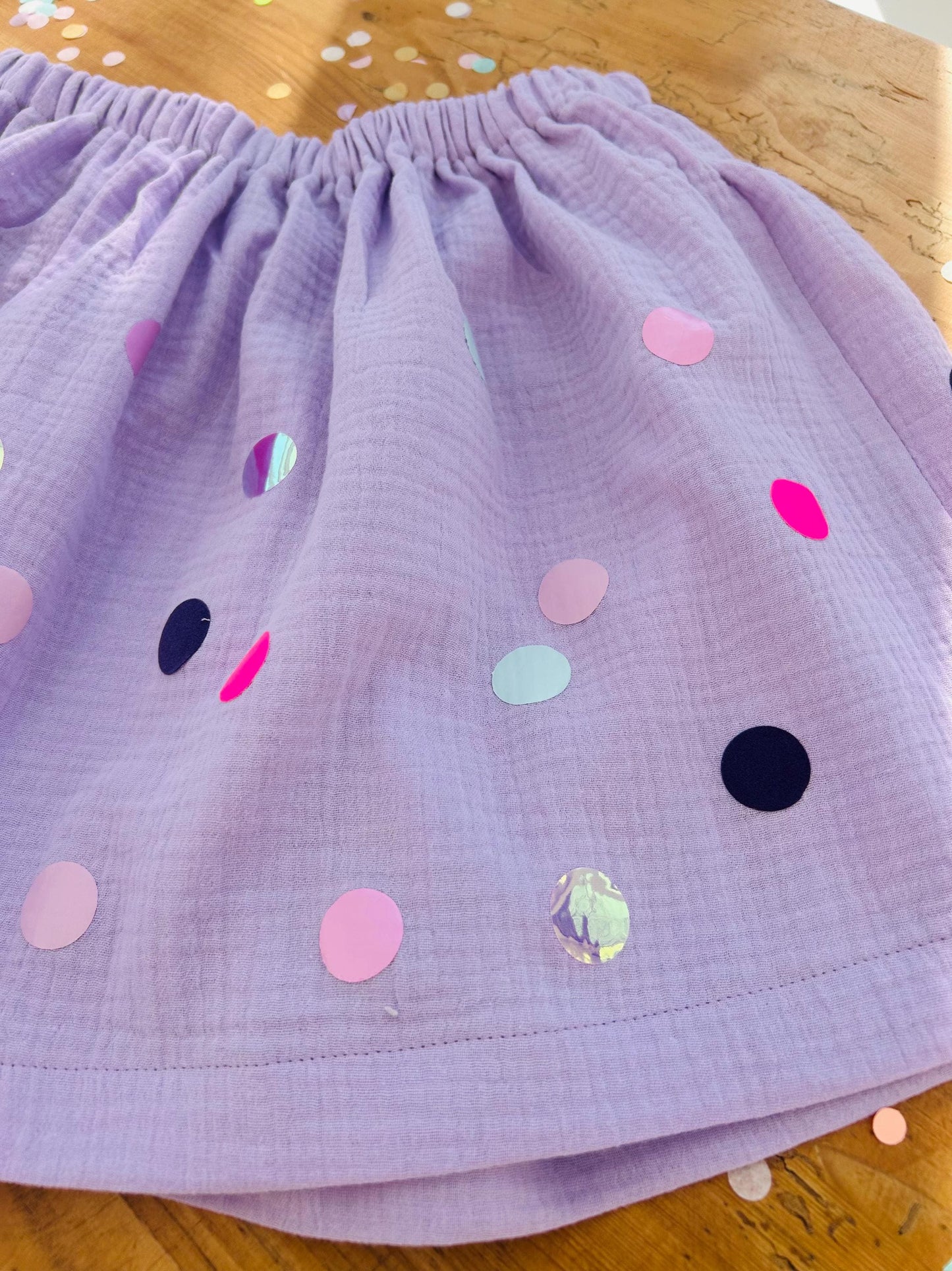 Mädchenrock Musselin, Rock Musselin, Musselinrock,Musselin, Rock Konfetti,Rock bunte Punkte, Konfetti, Glitzerrock, Musselin rosa, altrosa