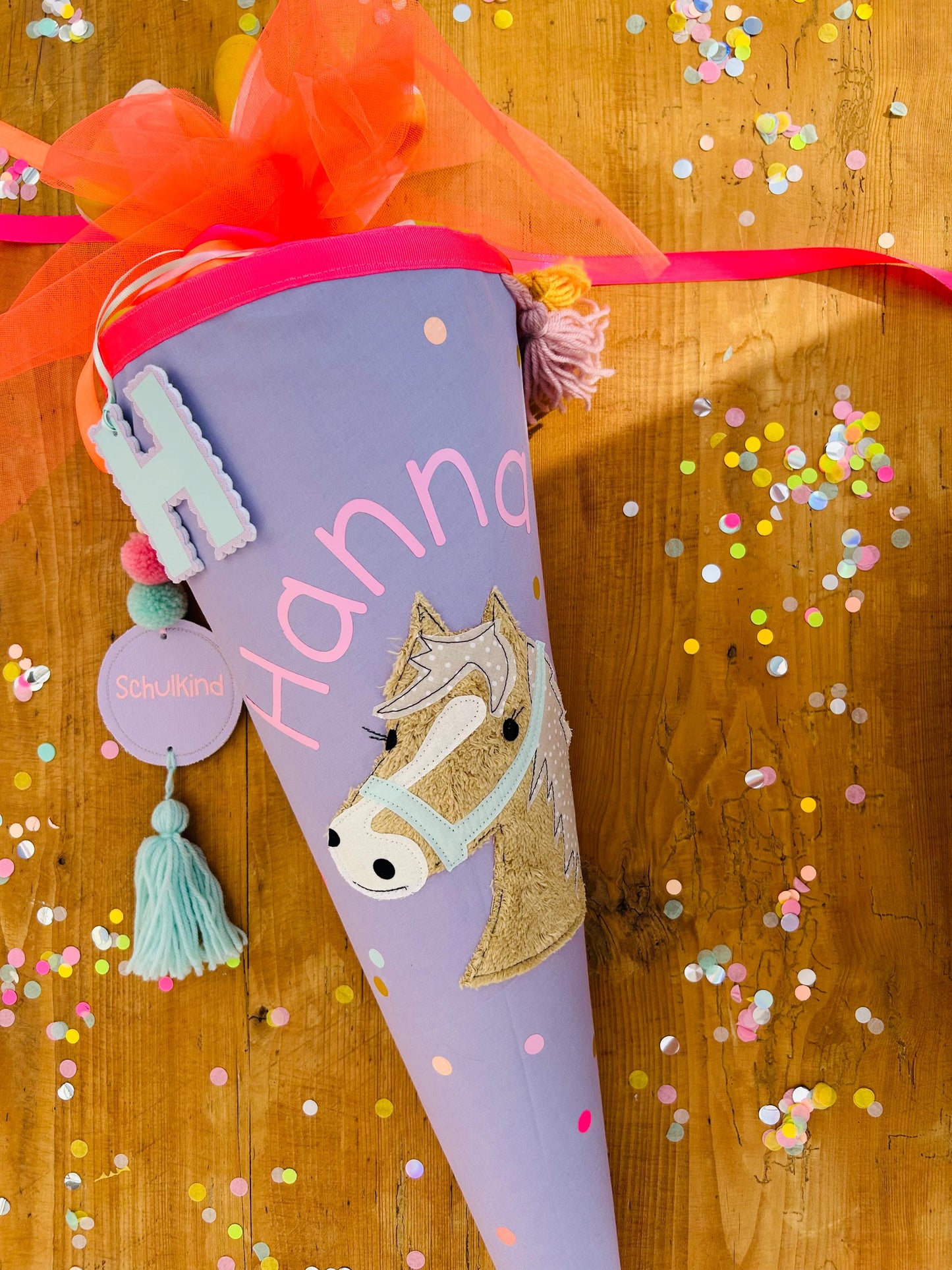 Schultüte Musselin, Schultüte Stoff, Schultüte Mädchen,Schultüte Pferd, Einschulung, Musselinschultüte, Konfetti, Schultüte personalisiert