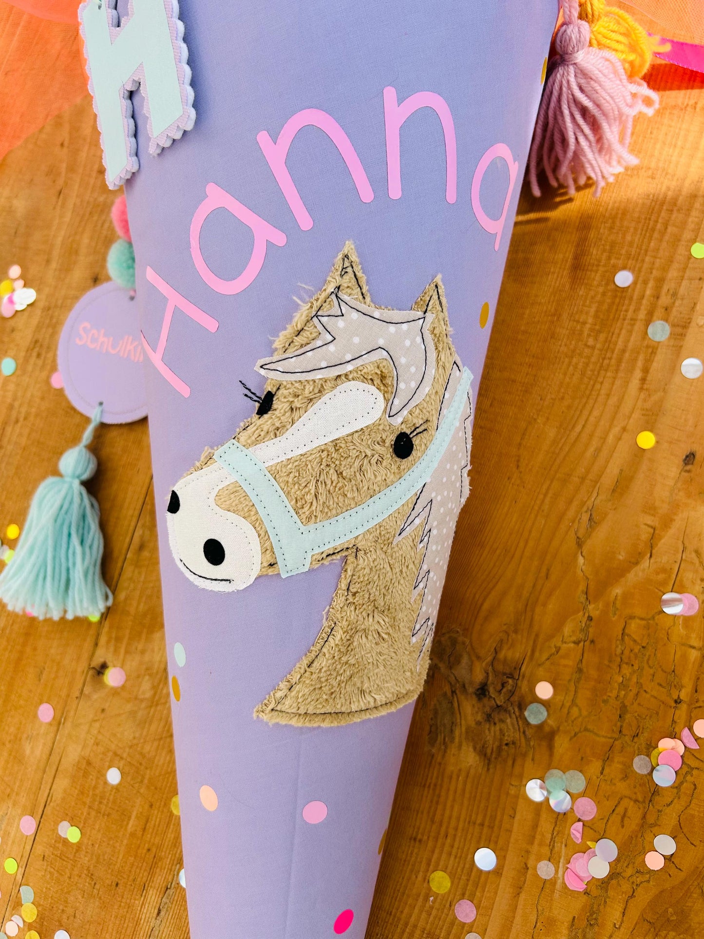 Schultüte Musselin, Schultüte Stoff, Schultüte Mädchen,Schultüte Pferd, Einschulung, Musselinschultüte, Konfetti, Schultüte personalisiert
