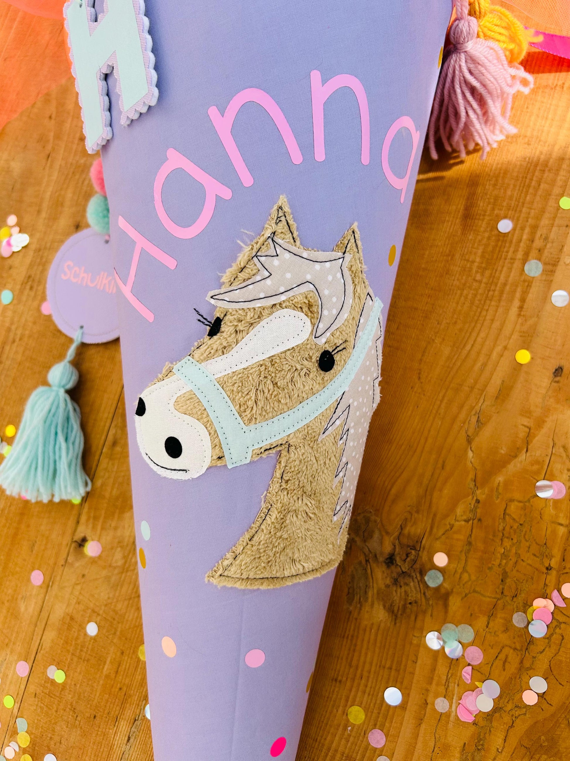 Schultüte Musselin, Schultüte Stoff, Schultüte Mädchen,Schultüte Pferd, Einschulung, Musselinschultüte, Konfetti, Schultüte personalisiert