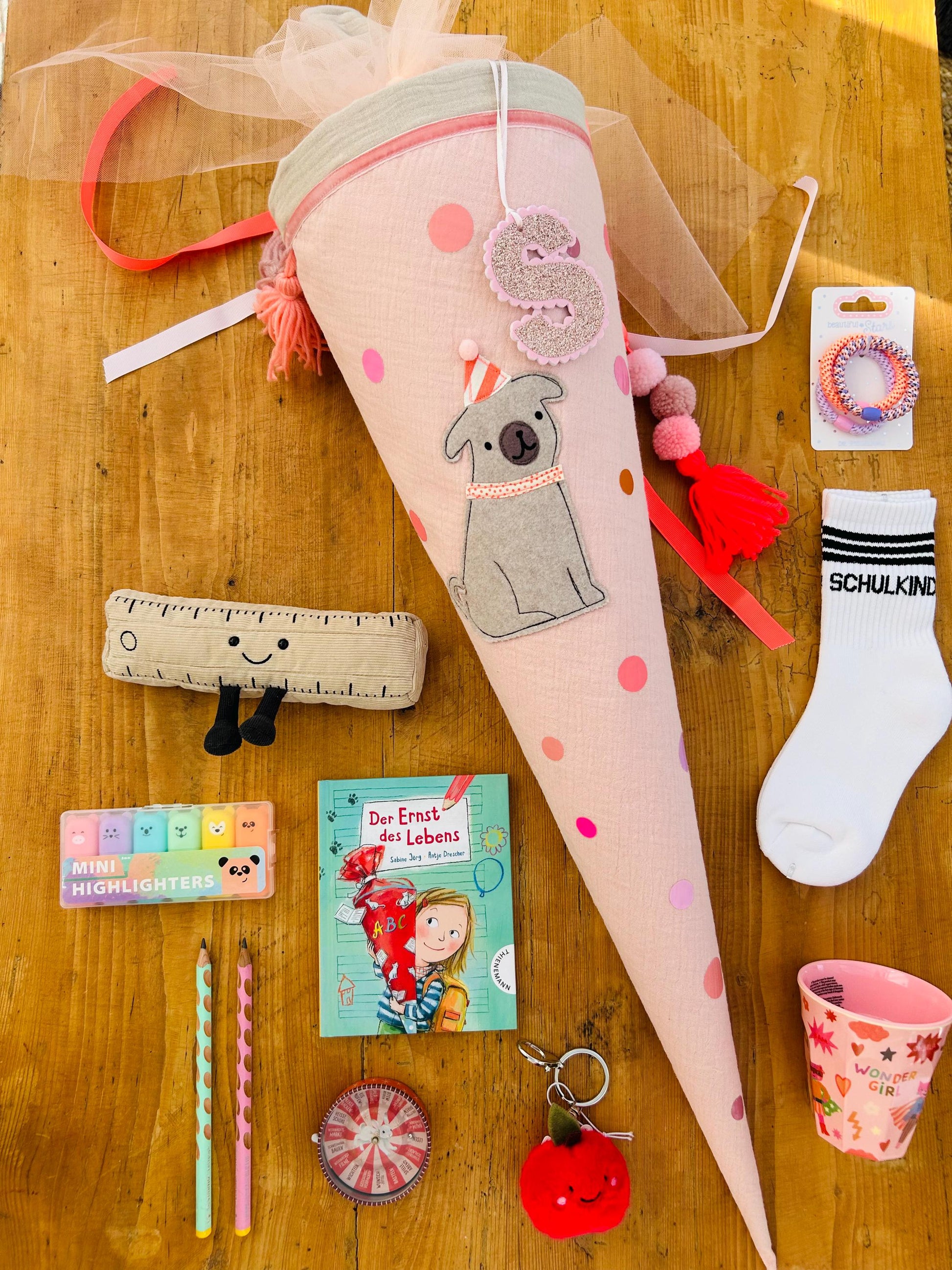 Schultüte Hund, Hundeschultüte Mädchen, Schultüte Musselin, Schultüte beige, Schultüte personalisiert, Einschulung, Schulanfang, Mops