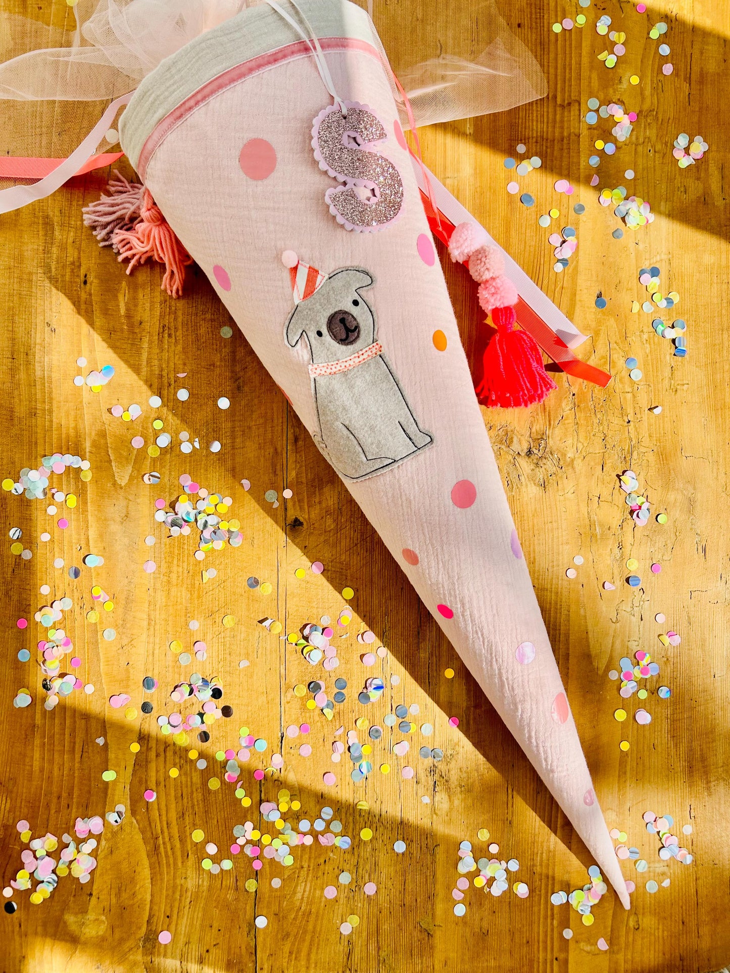 Schultüte Hund, Hundeschultüte Mädchen, Schultüte Musselin, Schultüte beige, Schultüte personalisiert, Einschulung, Schulanfang, Mops
