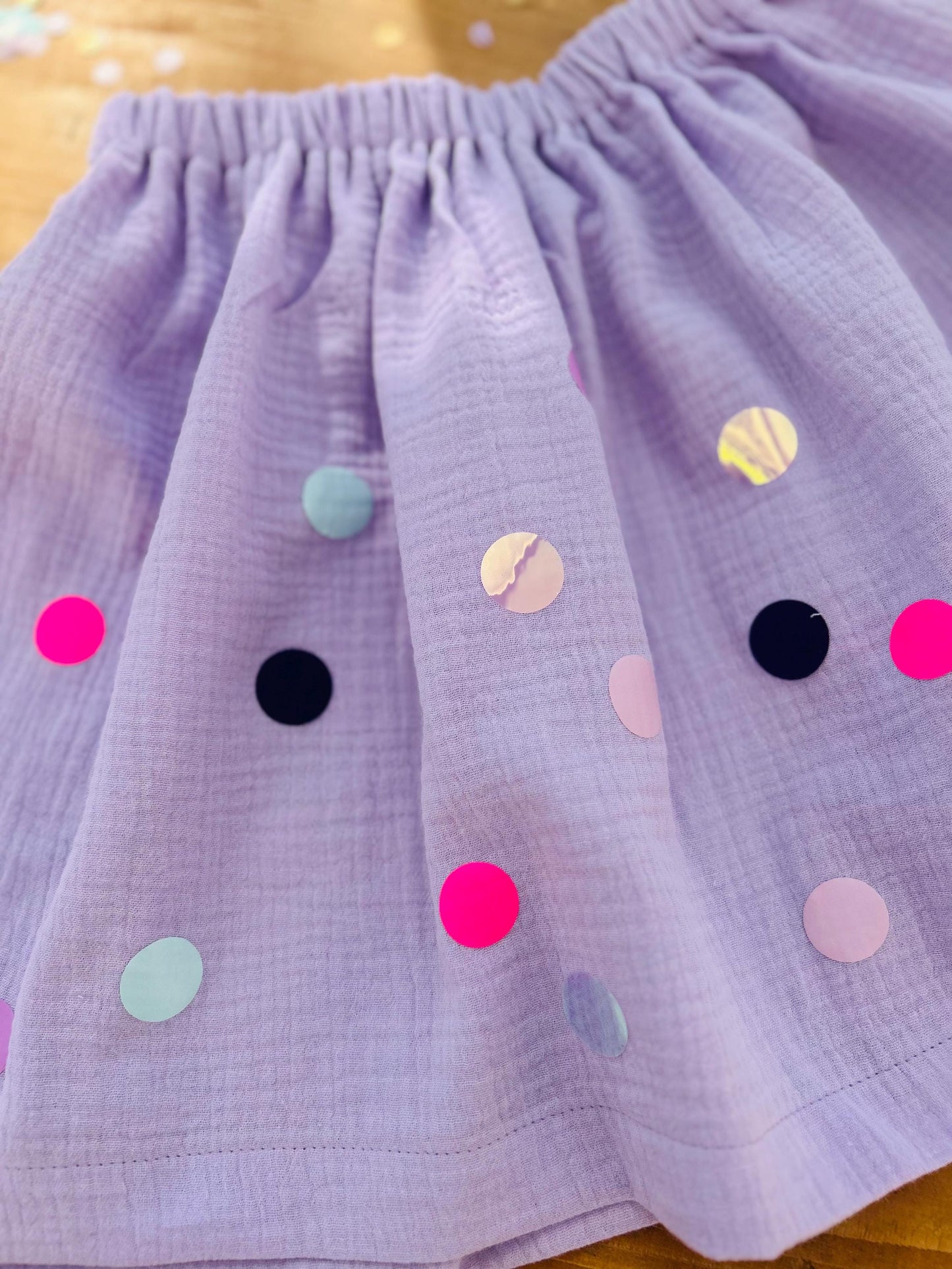 Mädchenrock Musselin, Rock Musselin, Musselinrock,Musselin, Rock Konfetti,Rock bunte Punkte, Konfetti, Glitzerrock, Musselin rosa, altrosa