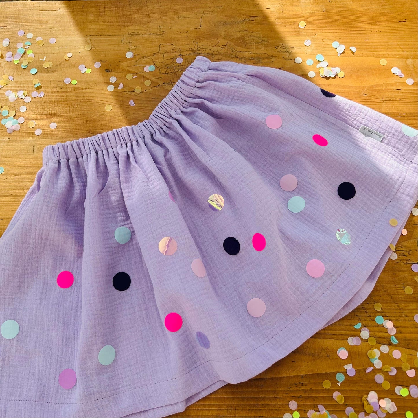 Mädchenrock Musselin, Rock Musselin, Musselinrock,Musselin, Rock Konfetti,Rock bunte Punkte, Konfetti, Glitzerrock, Musselin rosa, altrosa