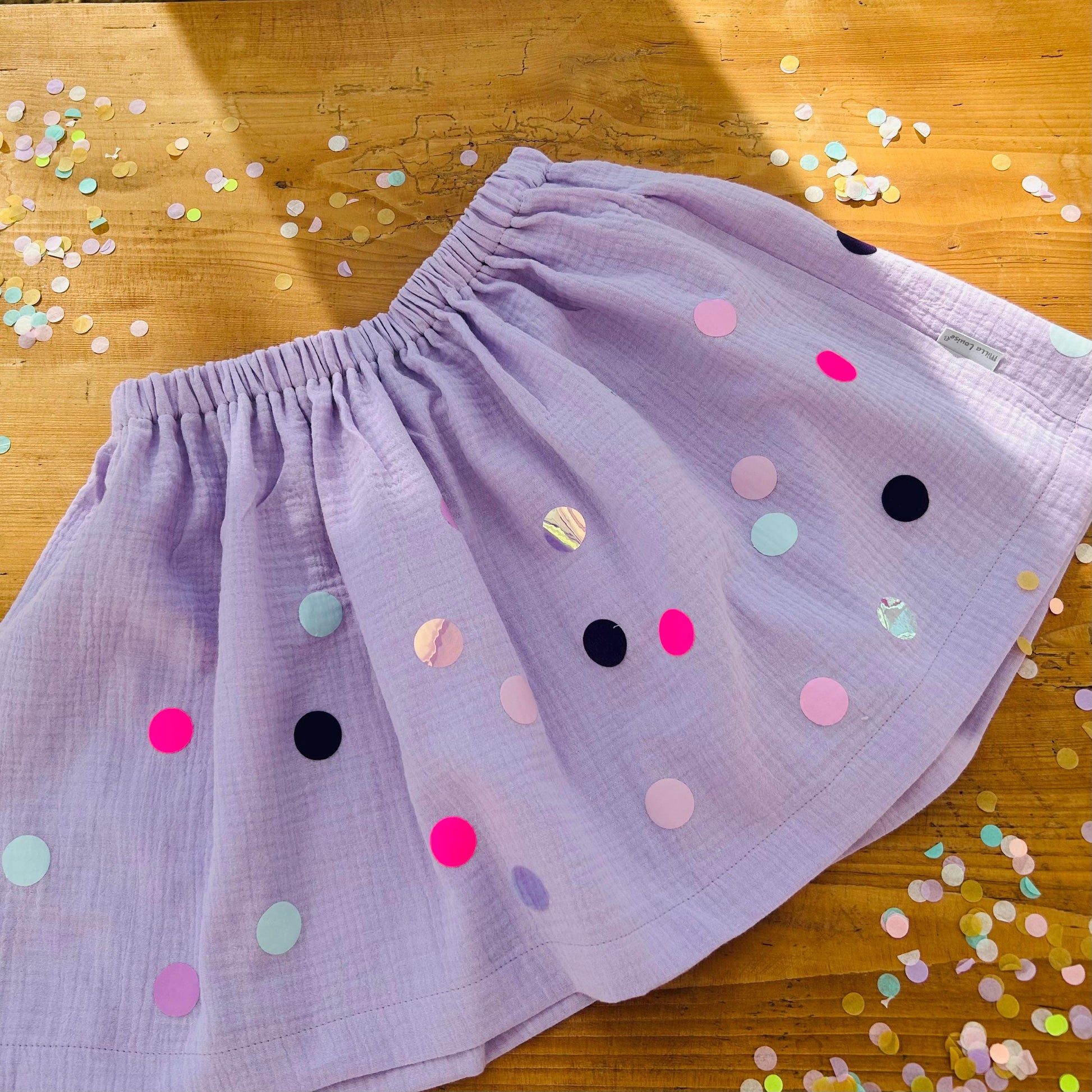 Mädchenrock Musselin, Rock Musselin, Musselinrock,Musselin, Rock Konfetti,Rock bunte Punkte, Konfetti, Glitzerrock, Musselin rosa, altrosa
