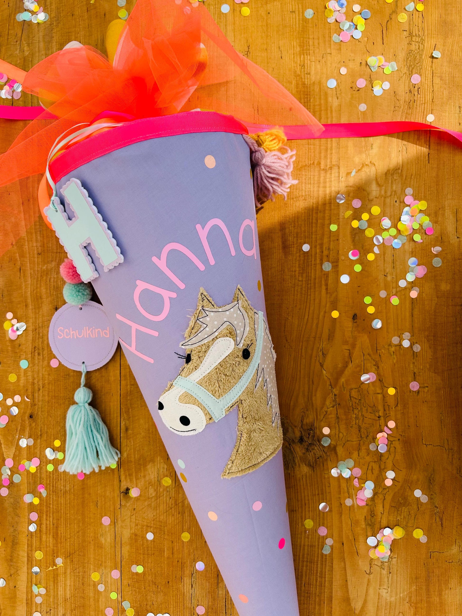 Schultüte Musselin, Schultüte Stoff, Schultüte Mädchen,Schultüte Pferd, Einschulung, Musselinschultüte, Konfetti, Schultüte personalisiert