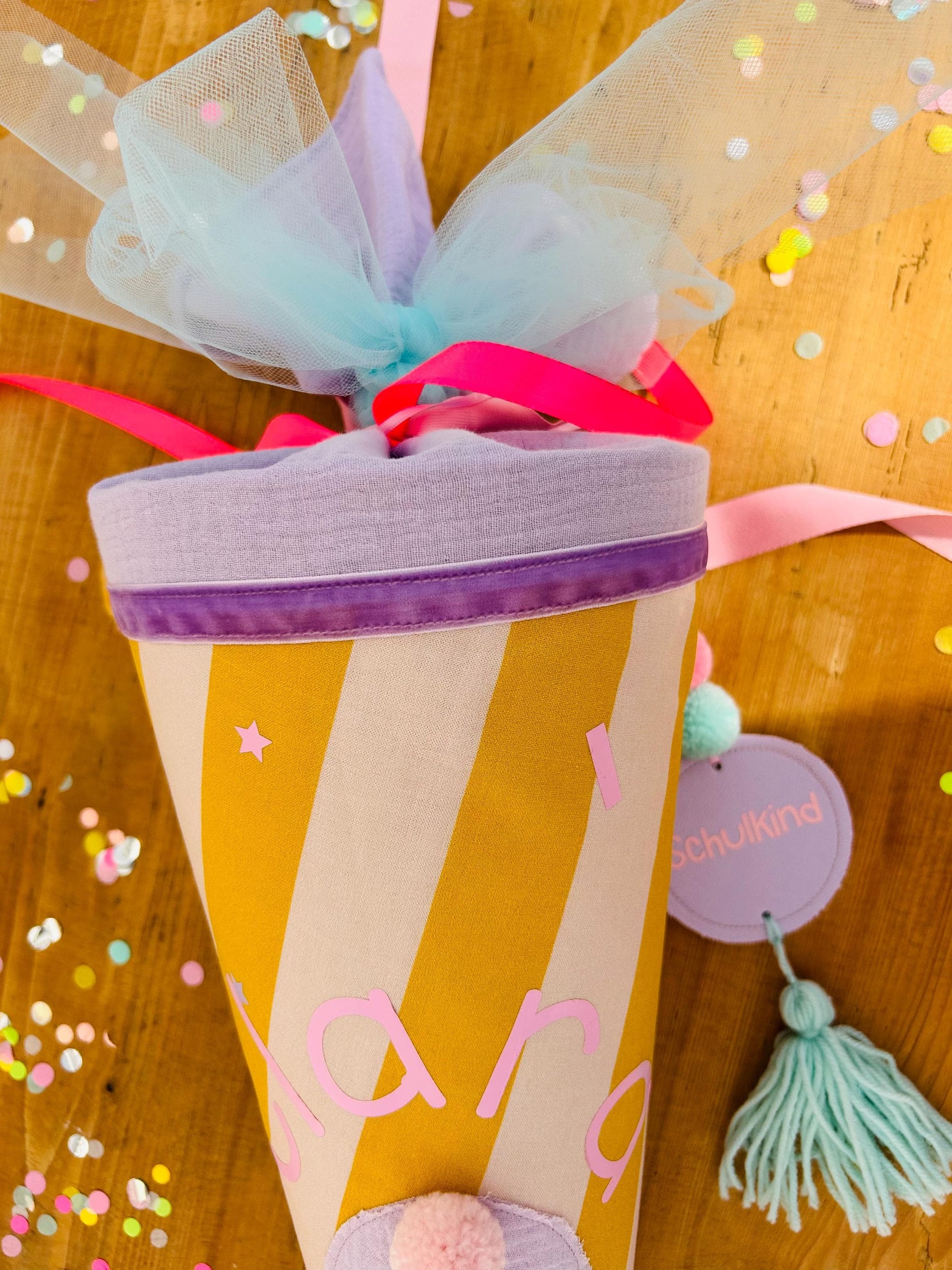 Schultüte Musselin, Schultüte Stoff, Schultüte Mädchen,Schultüte Pferd, Einschulung, Musselinschultüte, Konfetti, Schultüte personalisiert