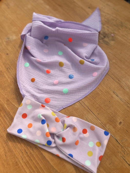 Set Tuch Stirnband, Kinder Halstuch Musselin, Musselintuch, Musselinschal, Tuch Punkte, Konfetti, Musselin lila, Tuch Frühling, Sommer