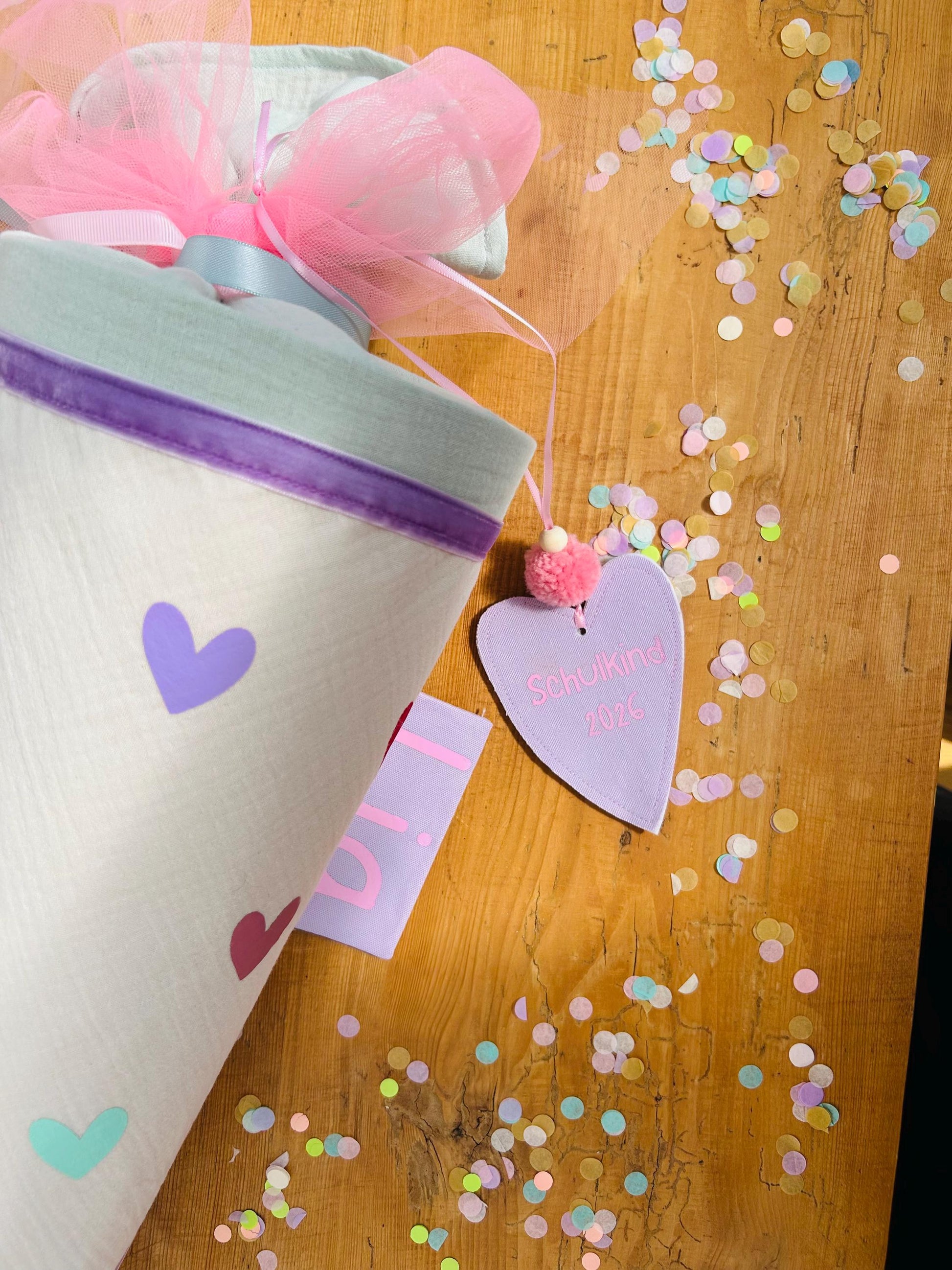 Schultüte Musselin, Schultüte Stoff, Schultüte Mädchen,Schultüte Herzen, Einschulung, Musselinschultüte,Kwio Ranzen Schultüte personalisiert