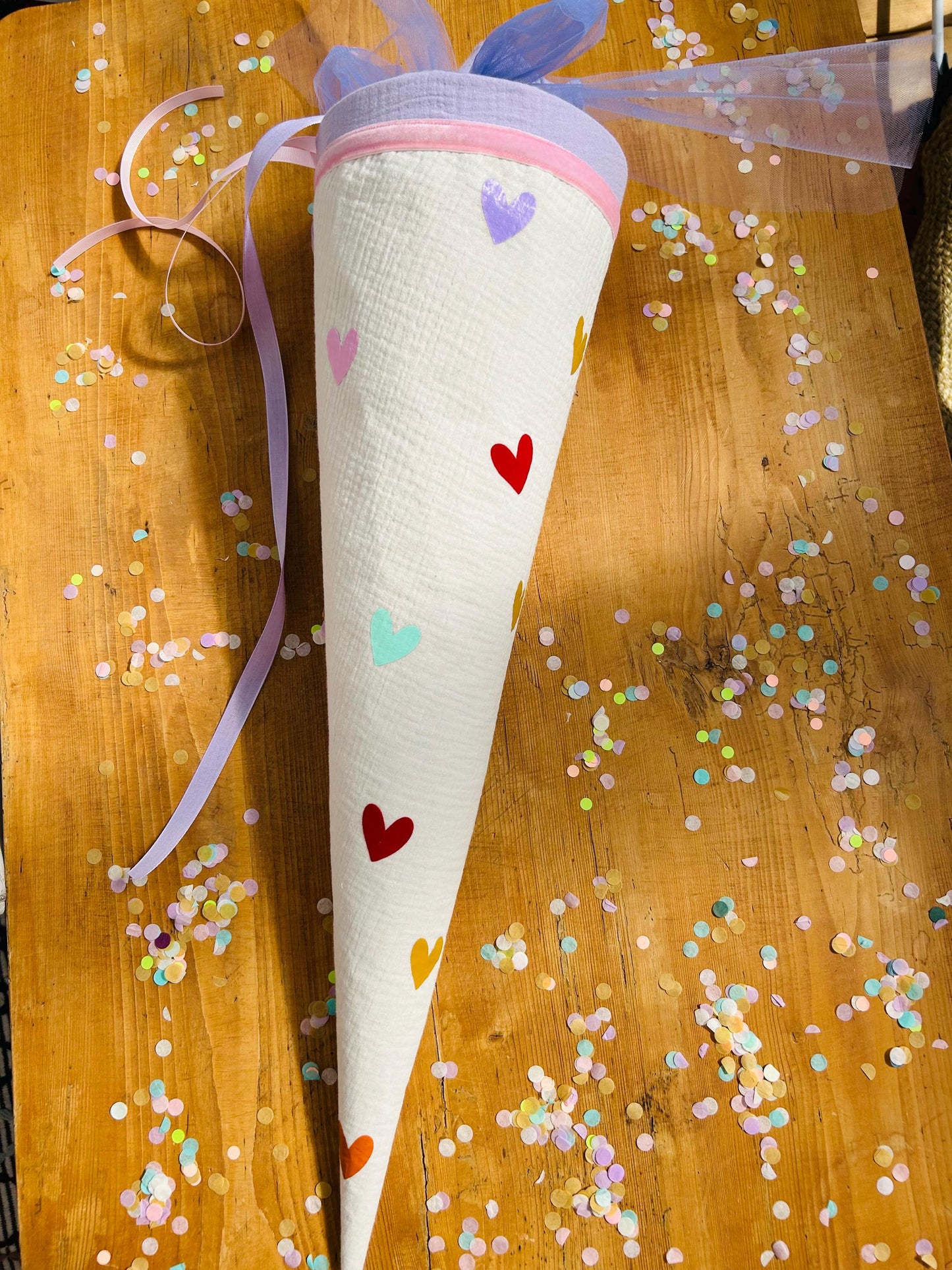 Schultüte Musselin, Schultüte Stoff, Schultüte Mädchen,Schultüte Herzen, Einschulung, Musselinschultüte,Kwio Ranzen Schultüte personalisiert