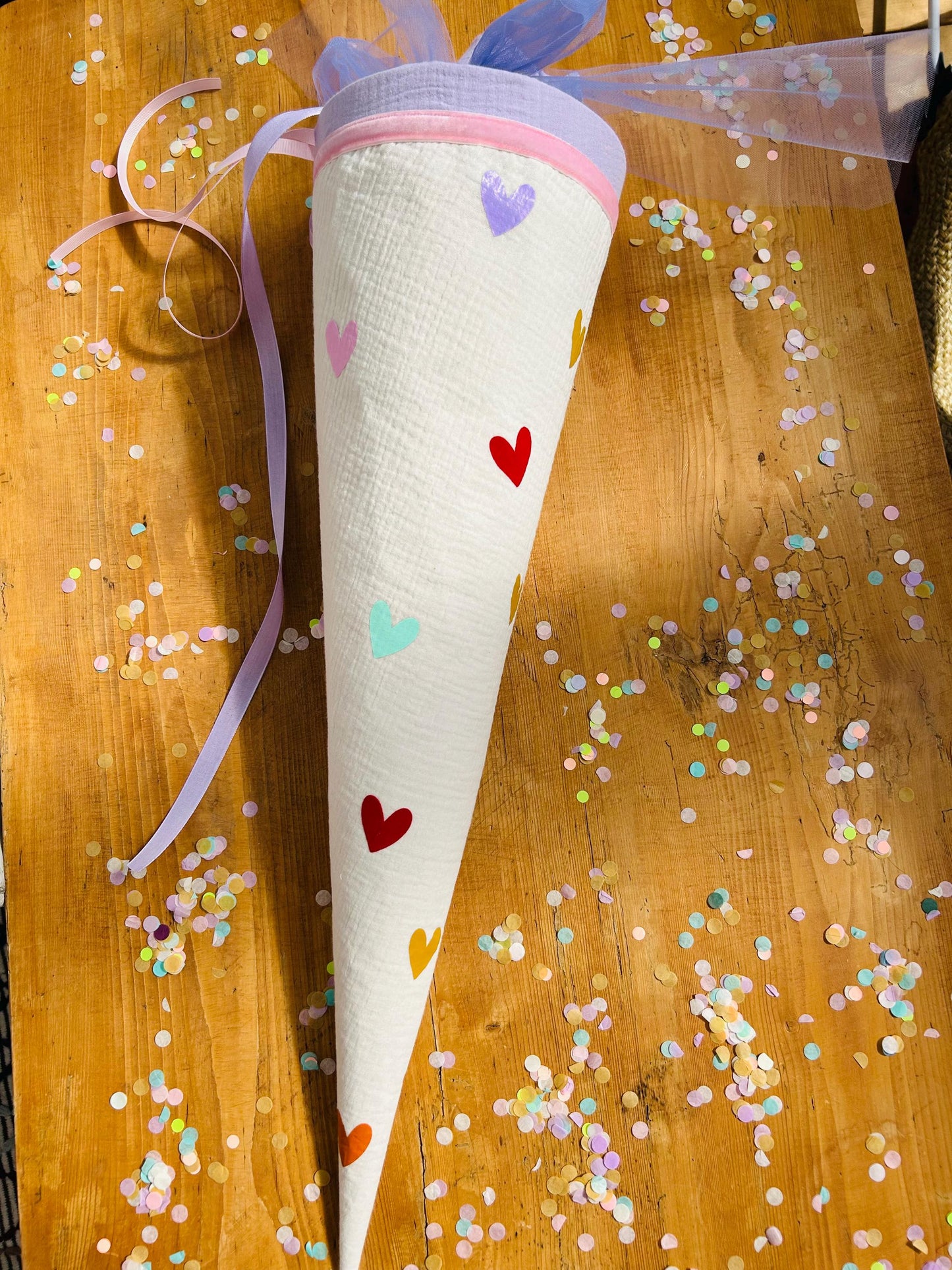 Schultüte Musselin, Schultüte Stoff, Schultüte Mädchen,Schultüte Herzen, Einschulung, Musselinschultüte,Kwio Ranzen Schultüte personalisiert