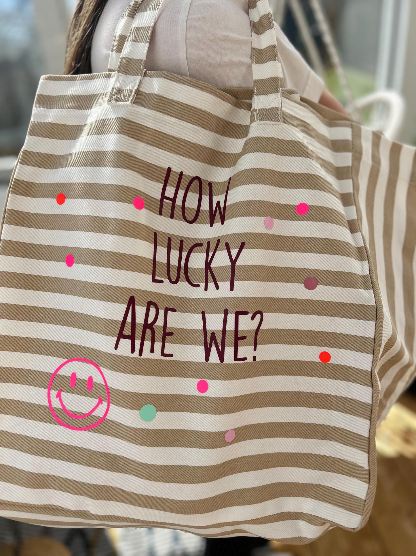Baumwolltasche mit Aufdruck, sommerliche Canvastasche, Tasche mit Aufdruck, Tasche Neonfarben, Tasche mit Punkten, große Badetasche Streifen