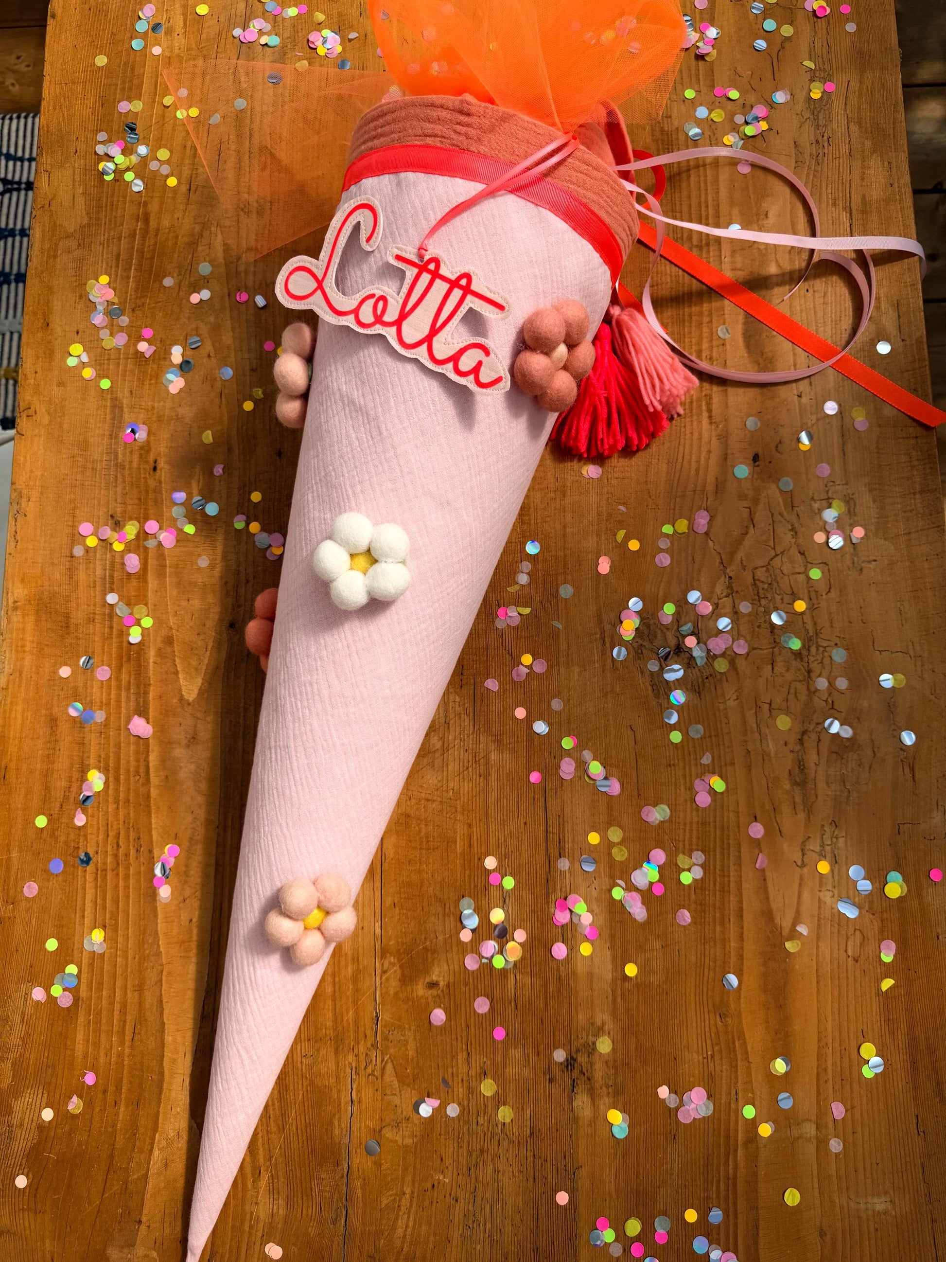Schultüte Blumen, Musselin Schultüte, Schultüte Mädchen Schultüte personalisiert,Schultüte Tüll,Schultüte Blumen gefilzt, Schultüte rosa