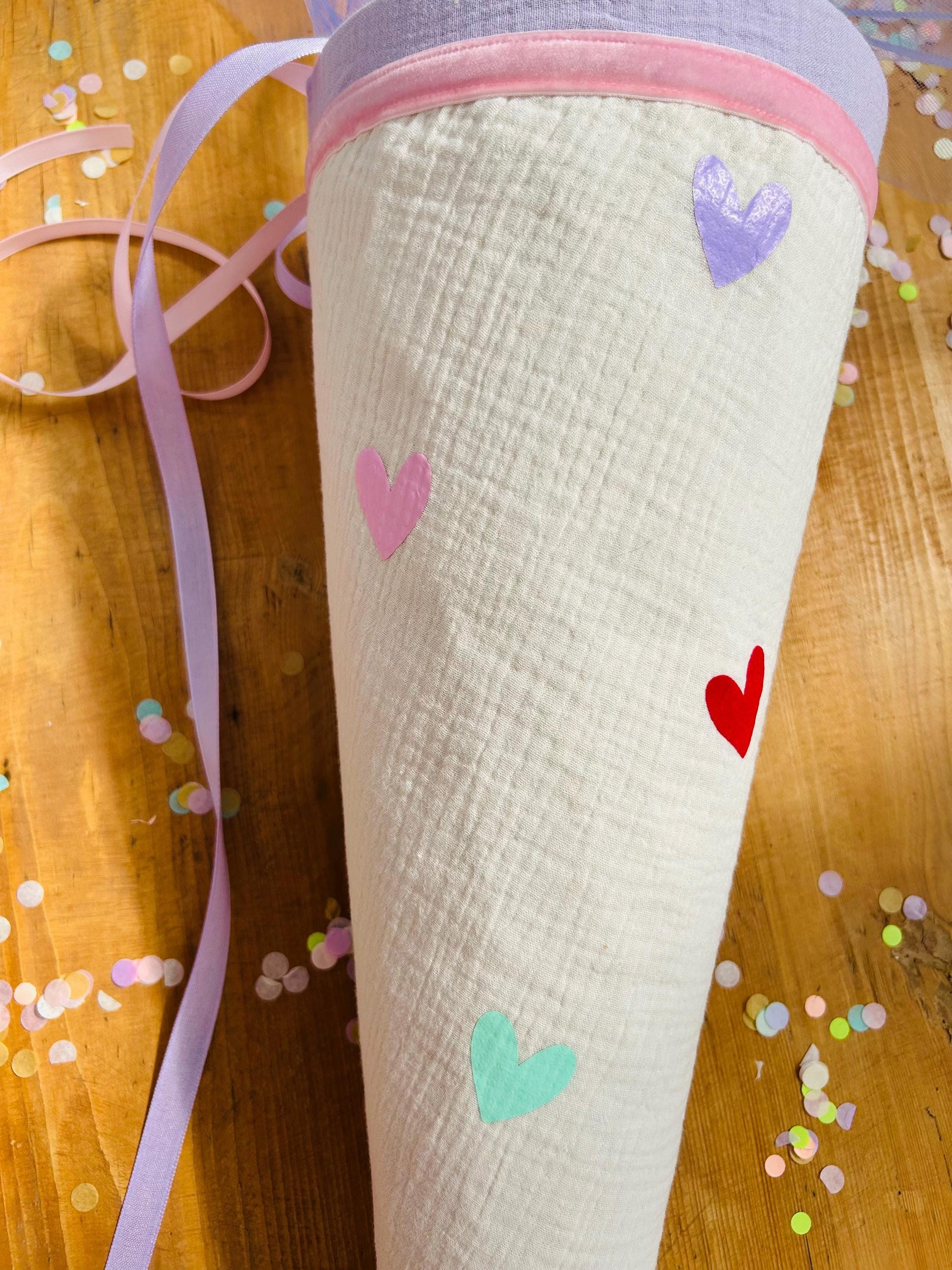 Schultüte Musselin, Schultüte Stoff, Schultüte Mädchen,Schultüte Herzen, Einschulung, Musselinschultüte,Kwio Ranzen Schultüte personalisiert