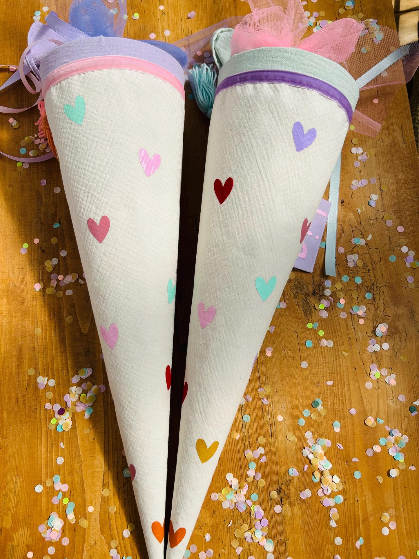 Schultüte Musselin, Schultüte Stoff, Schultüte Mädchen,Schultüte Herzen, Einschulung, Musselinschultüte,Kwio Ranzen Schultüte personalisiert
