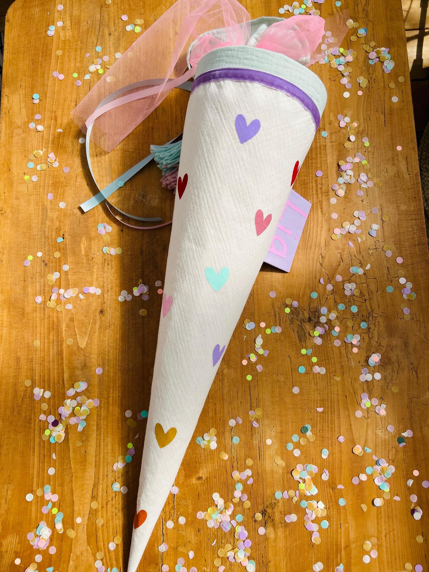 Schultüte Musselin, Schultüte Stoff, Schultüte Mädchen,Schultüte Herzen, Einschulung, Musselinschultüte,Kwio Ranzen Schultüte personalisiert