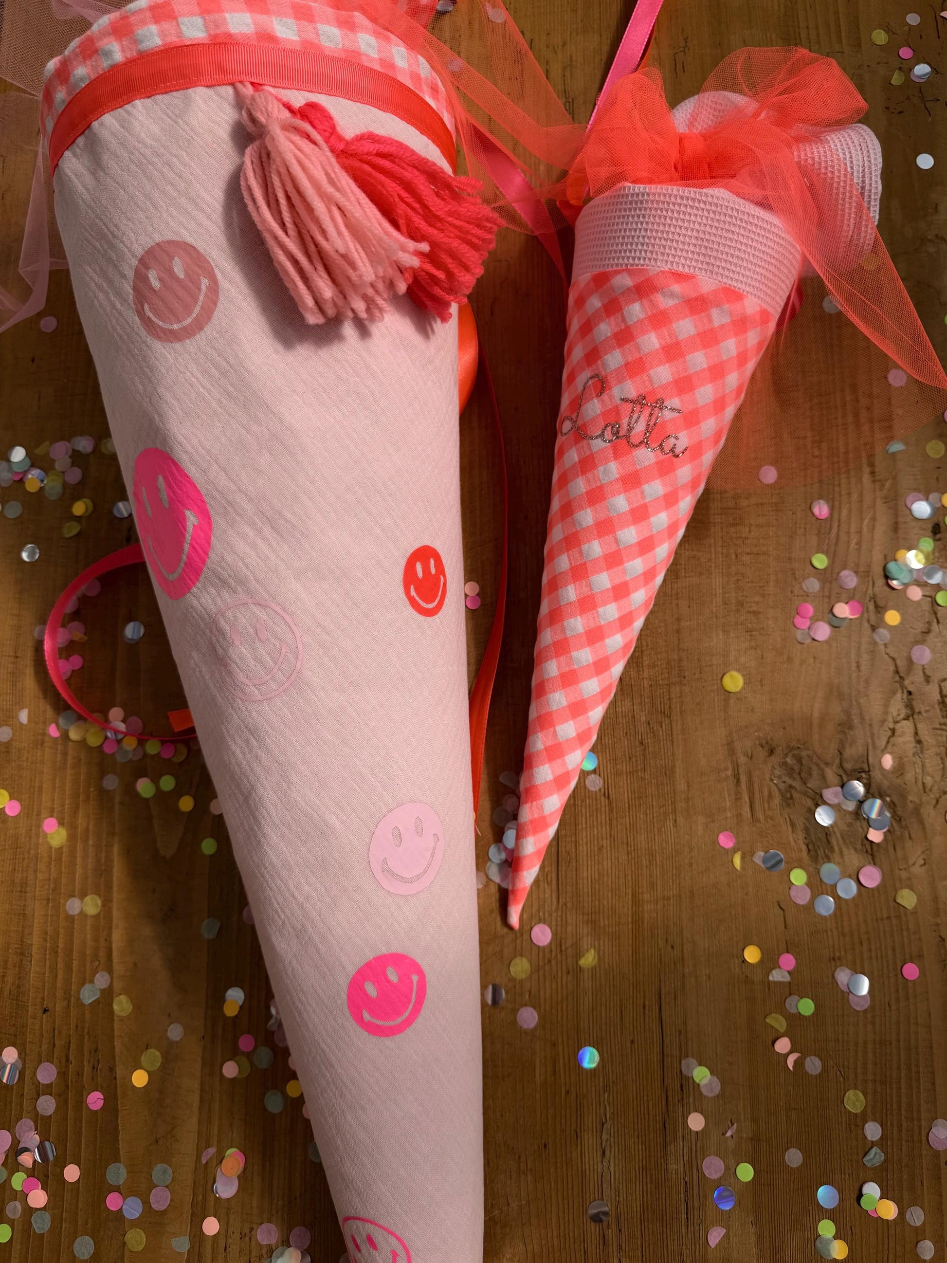 Smiley Schultüte Musselin Schultüte Mädchen Schultüte Smileys, Schultüte Tüll, Schultüte Ergobag, Konfetti, Schultüte personalisiert