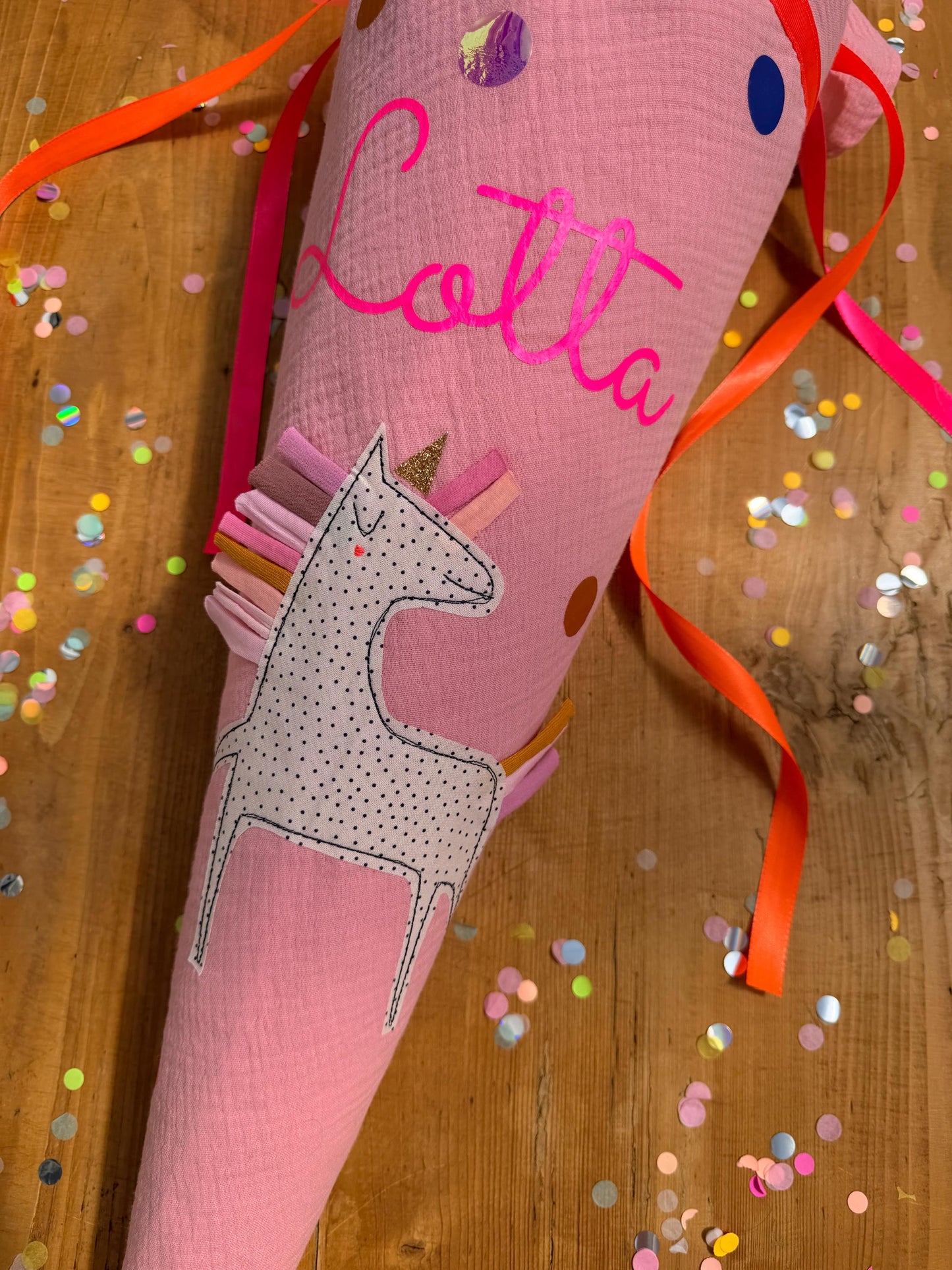 Einzelstück "Lotta", sofort lieferbar! Schultüte Musselin, Schultüte Mädchen,Schultüte Einhorn, Einschulung, Musselinschultüte,Konfetti,
