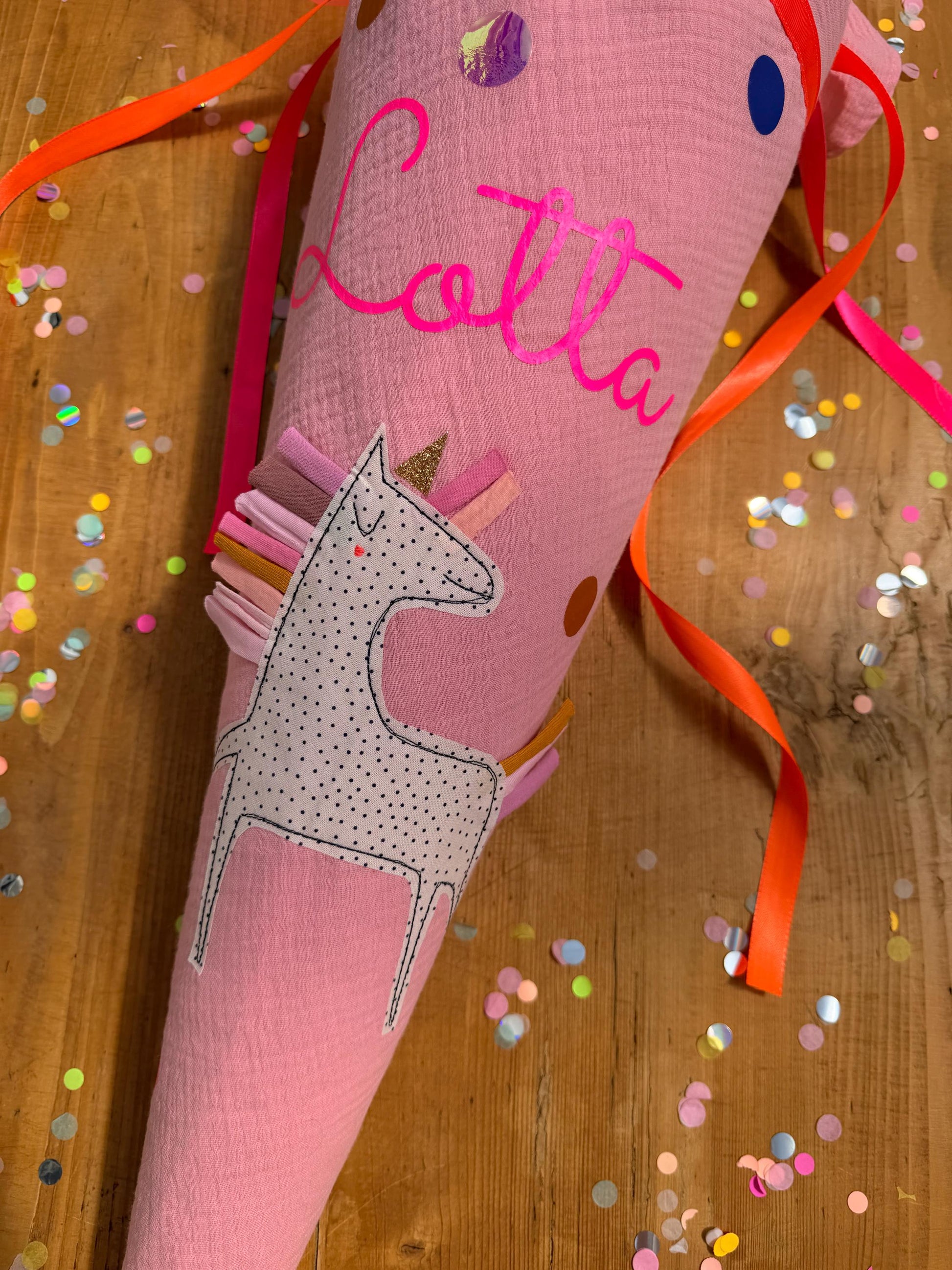 Einzelstück "Lotta", sofort lieferbar! Schultüte Musselin, Schultüte Mädchen,Schultüte Einhorn, Einschulung, Musselinschultüte,Konfetti,
