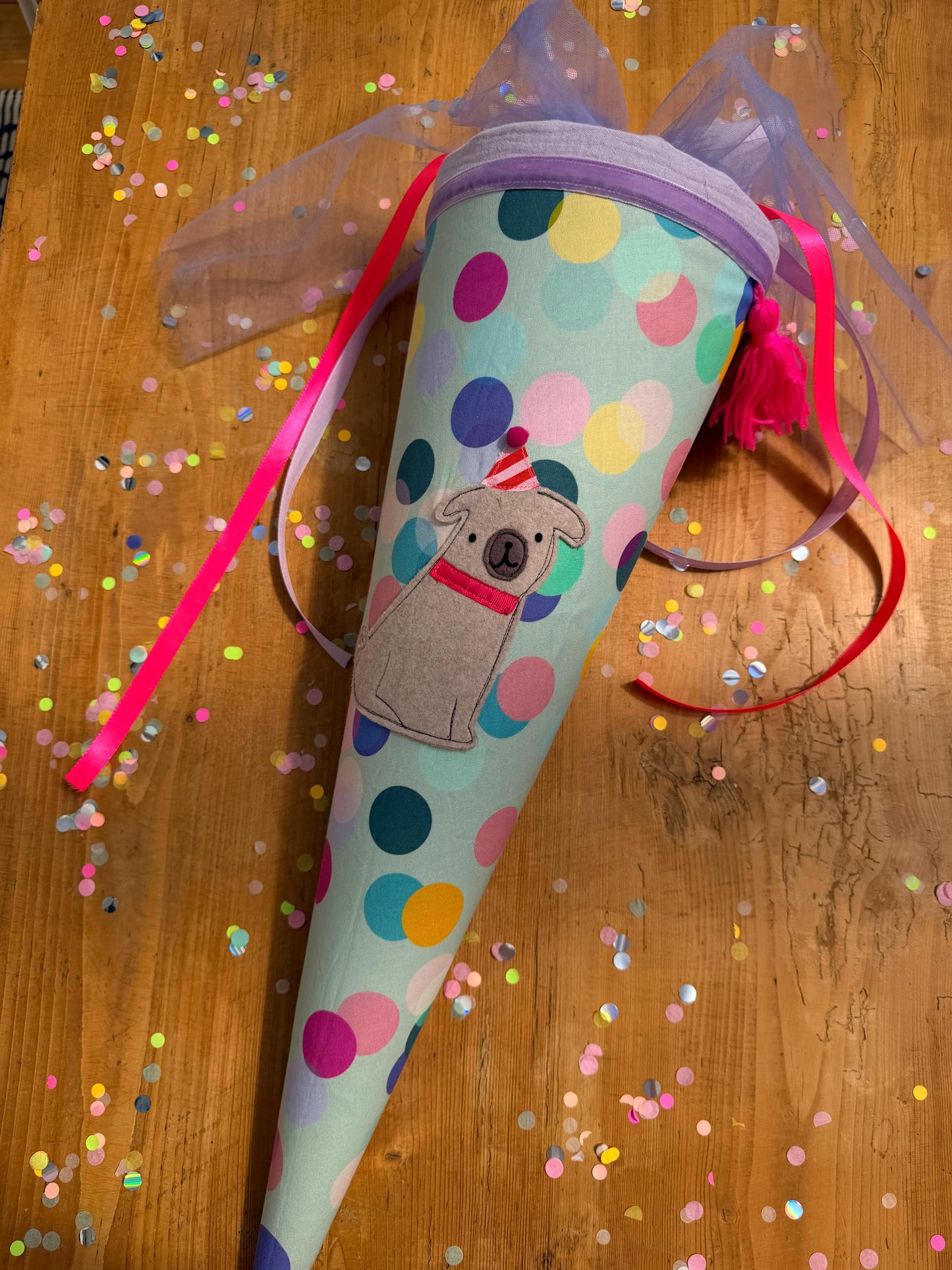 Einzelstück! Schultüte Hund, Schultüte Konfetti,Punkte, Schultüte Musselin, Schultüte personalisiert, Einschulung, Schulanfang, Mops, lila