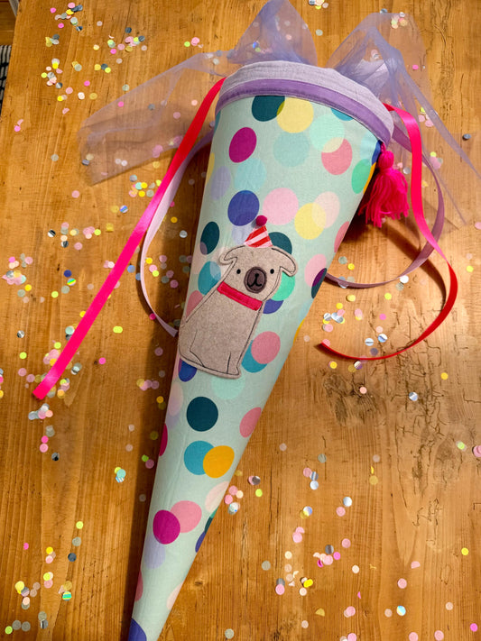 Einzelstück! Schultüte Hund, Schultüte Konfetti,Punkte, Schultüte Musselin, Schultüte personalisiert, Einschulung, Schulanfang, Mops, lila