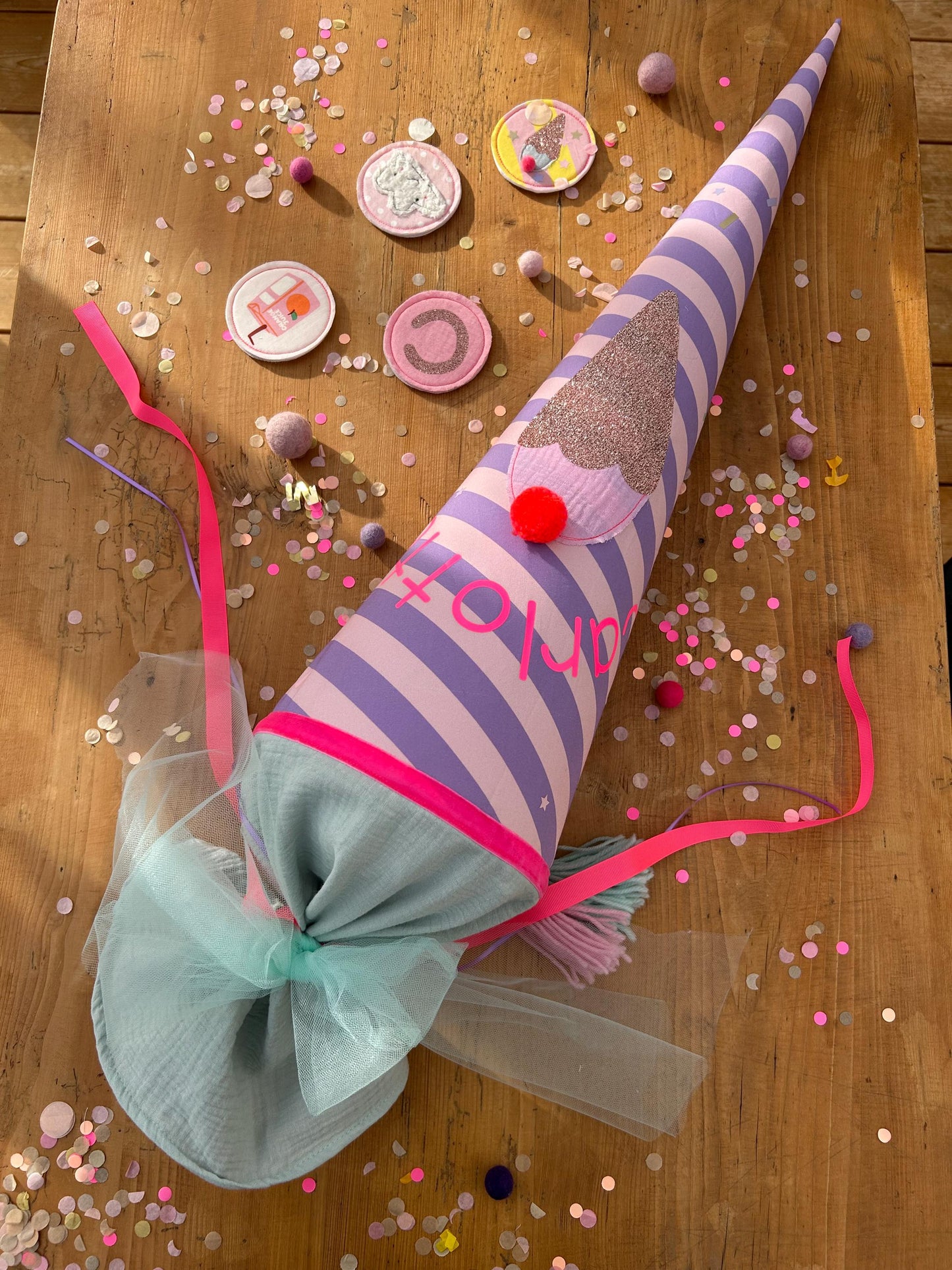 Schultüte Musselin Schultüte Stoff Mädchen Schultüte Streifen, Schultüte neon, Schultüte Ergobag, Schultüte mit Namen, Konfetti, individuell
