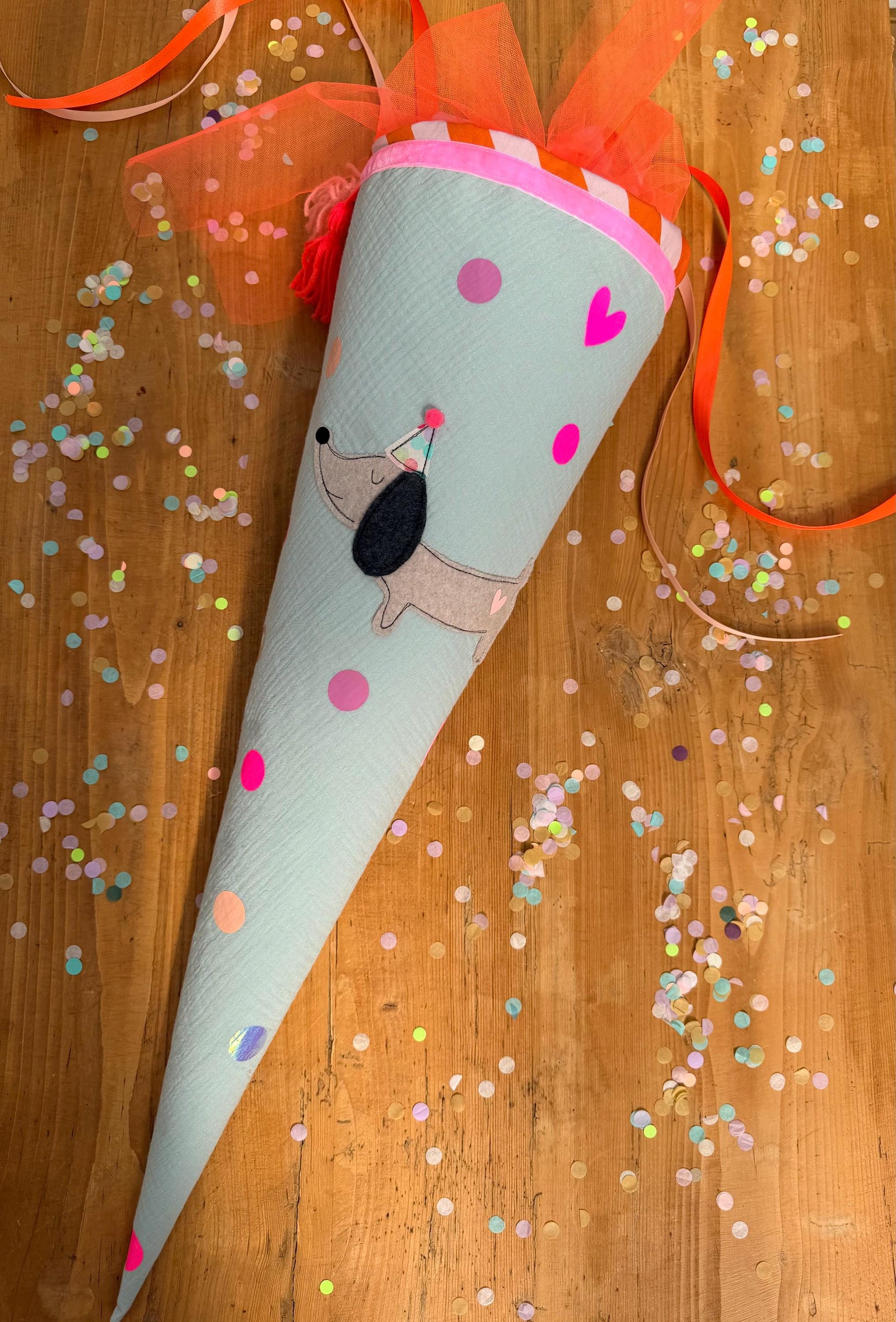 Einzelstück! Schultüte Hund, Hundeschultüte Mädchen, Schultüte Musselin, Schultüte mint, Schultüte personalisiert, Dackel, Schultüte Punkte