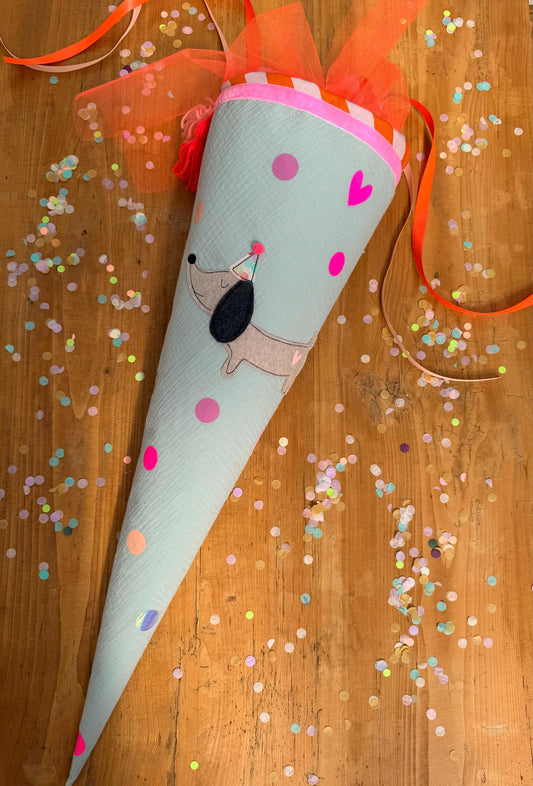 Einzelstück! Schultüte Hund, Hundeschultüte Mädchen, Schultüte Musselin, Schultüte mint, Schultüte personalisiert, Dackel, Schultüte Punkte