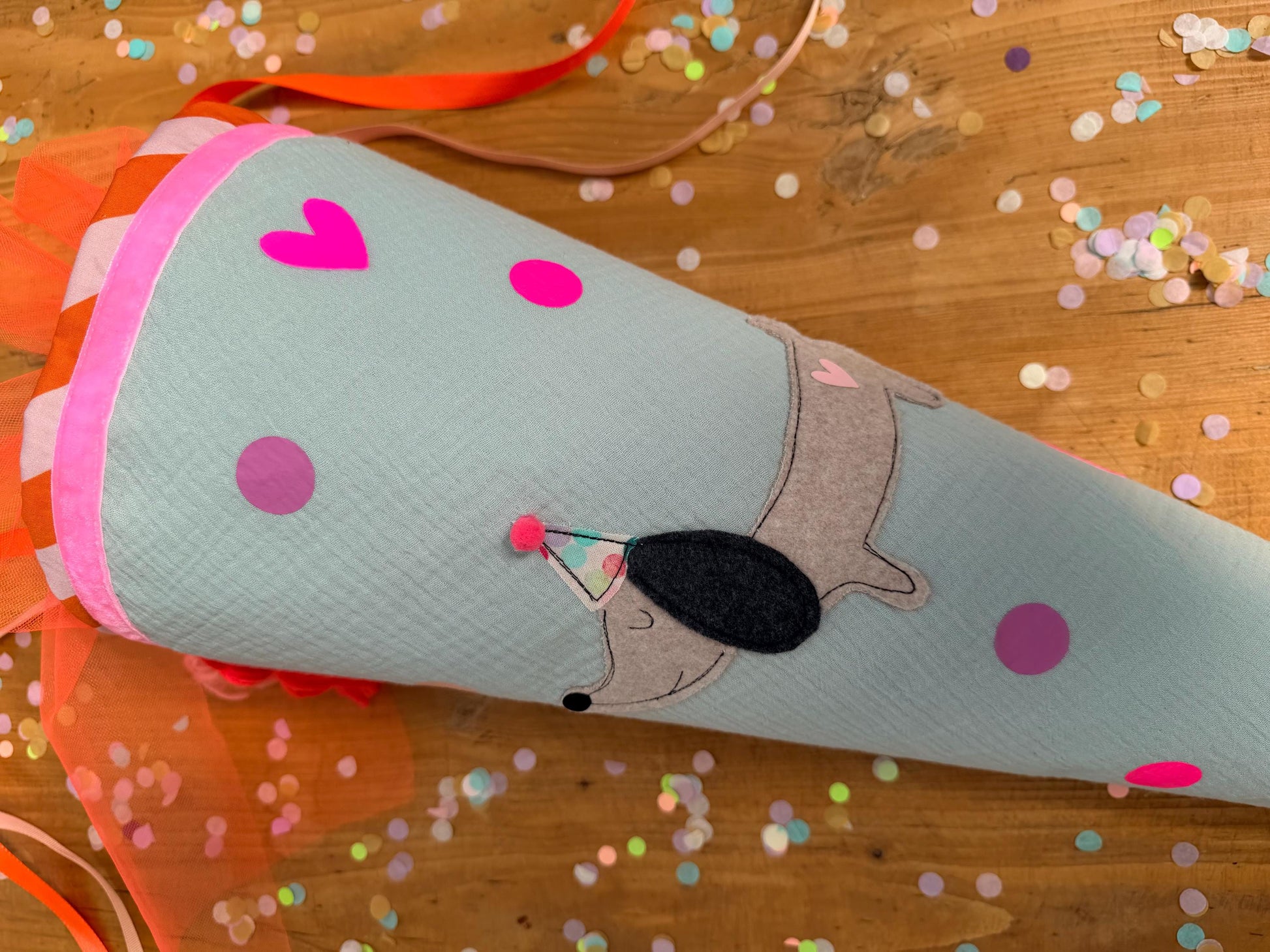 Einzelstück! Schultüte Hund, Hundeschultüte Mädchen, Schultüte Musselin, Schultüte mint, Schultüte personalisiert, Dackel, Schultüte Punkte