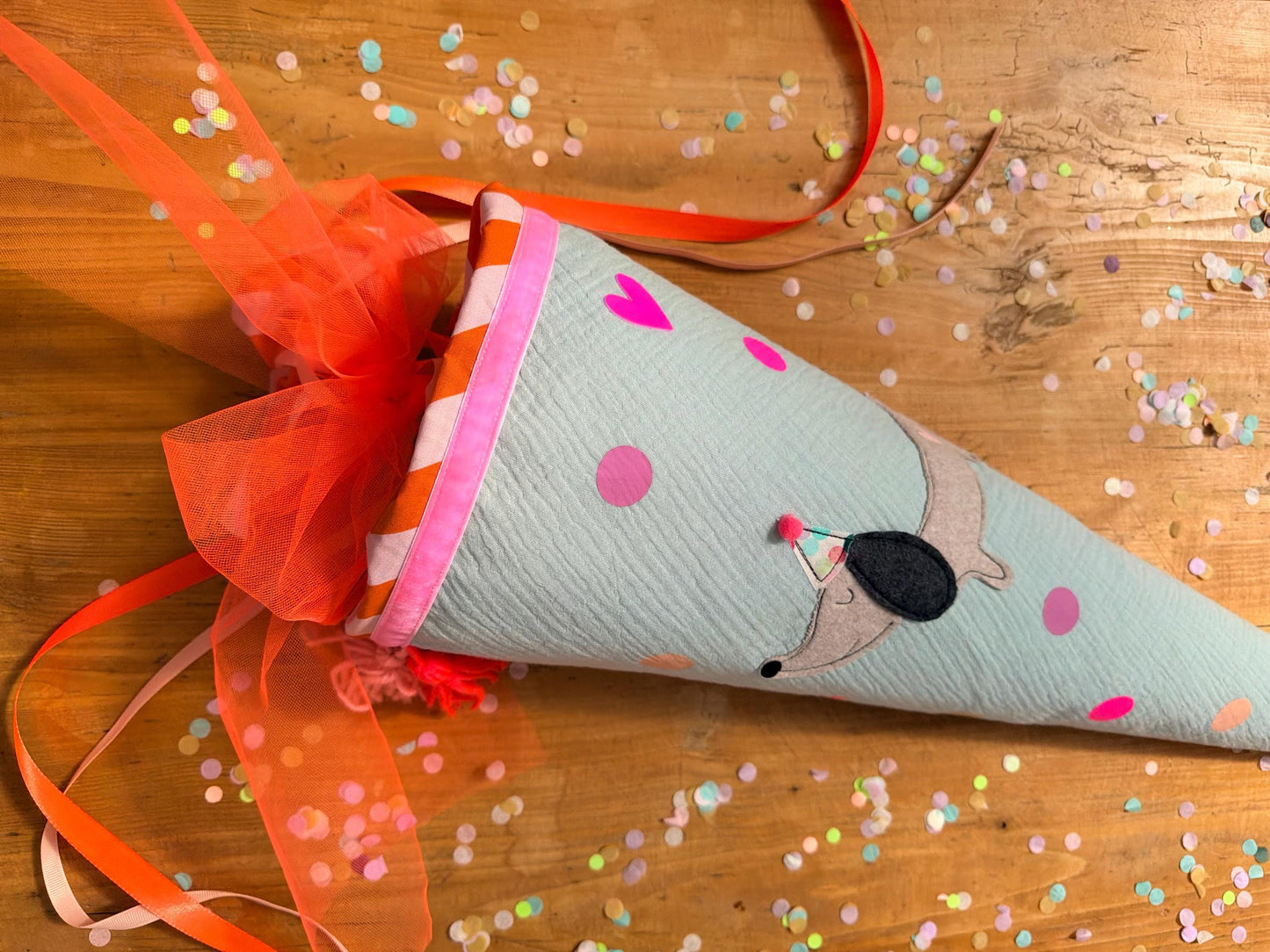 Einzelstück! Schultüte Hund, Hundeschultüte Mädchen, Schultüte Musselin, Schultüte mint, Schultüte personalisiert, Dackel, Schultüte Punkte