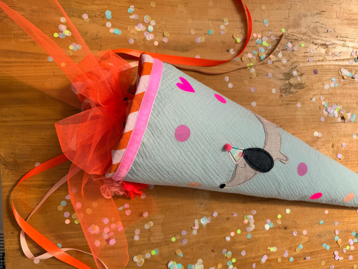 Einzelstück! Schultüte Hund, Hundeschultüte Mädchen, Schultüte Musselin, Schultüte mint, Schultüte personalisiert, Dackel, Schultüte Punkte