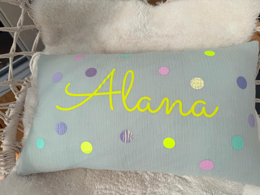 Musselinkissen mit Namen Kissenbezug Kissen Geburt Baby Kissenhülle Kissen personalisiert Nameskissen Kissen Musselin Konfetti, neon Dots