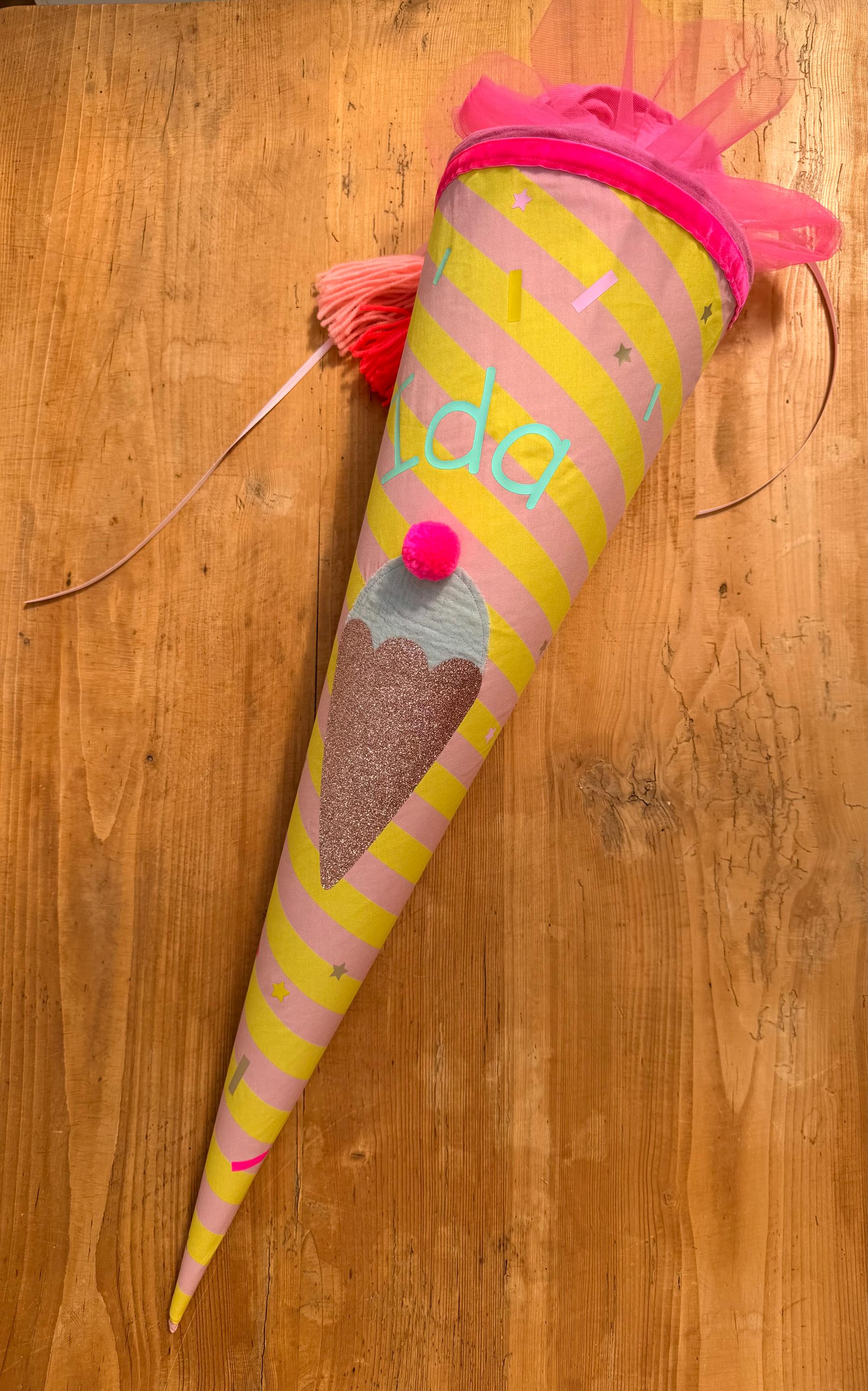 Einzelstück mit "Ida", Schultüte Musselin Schultüte Stoff Schultüte Mädchen Schultüte Eis, Schultüte Tüll, Schultüte Eiswaffel, Konfetti
